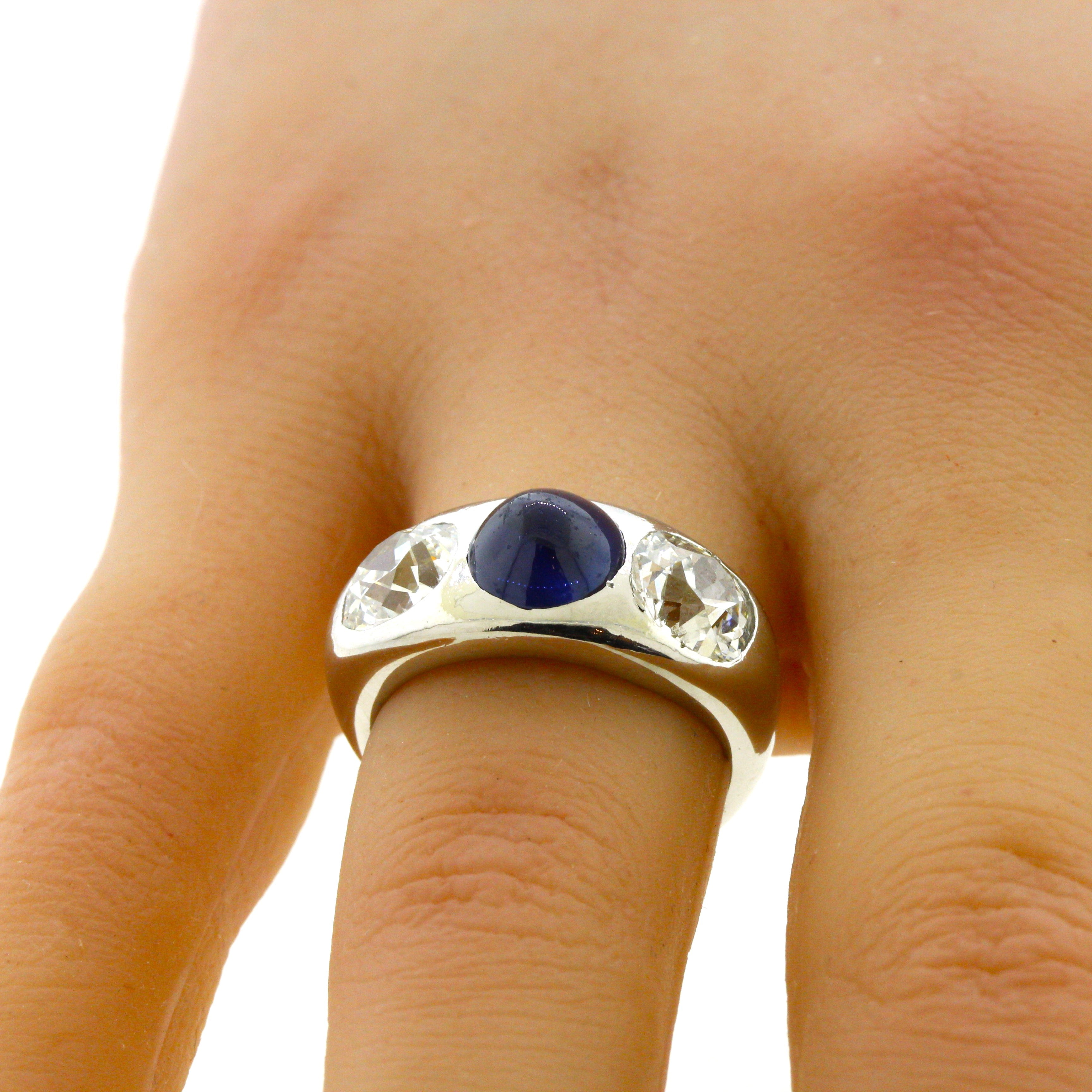 Antique-Style Sapphire Diamond 3-Stone Platinum Ring, AGL Certified