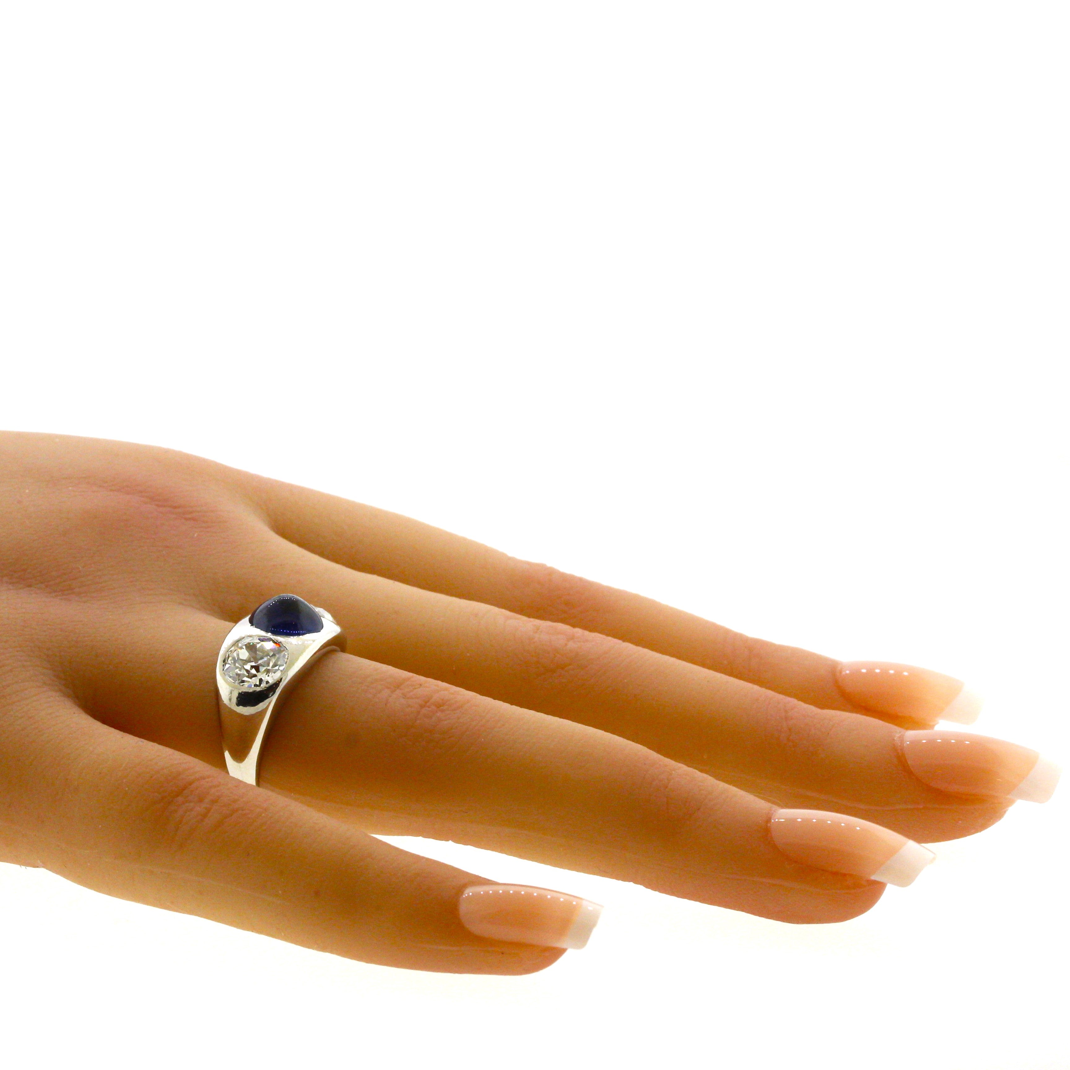 Antique-Style Sapphire Diamond 3-Stone Platinum Ring, AGL Certified