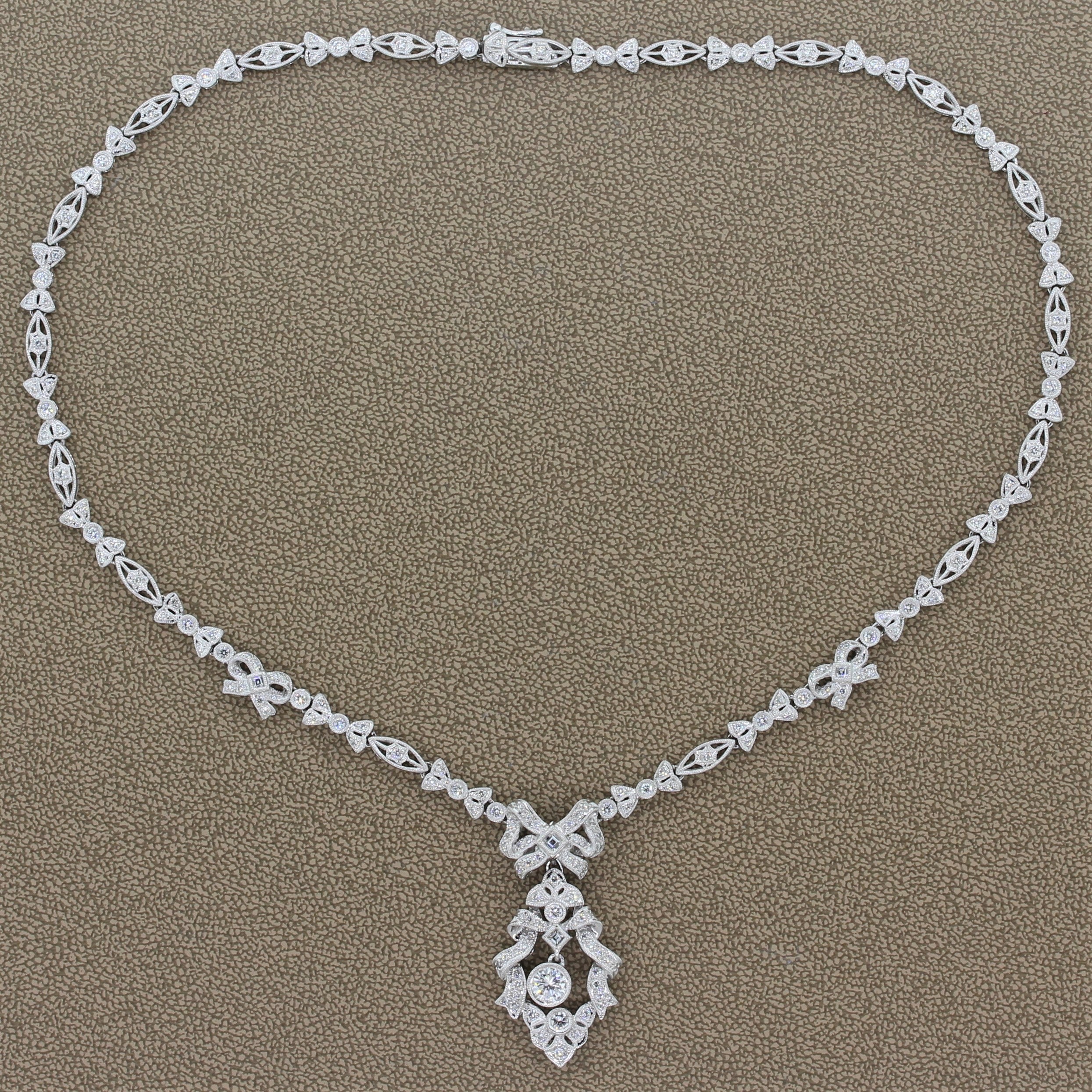 Antique Style Diamond Platinum Filigree Necklace