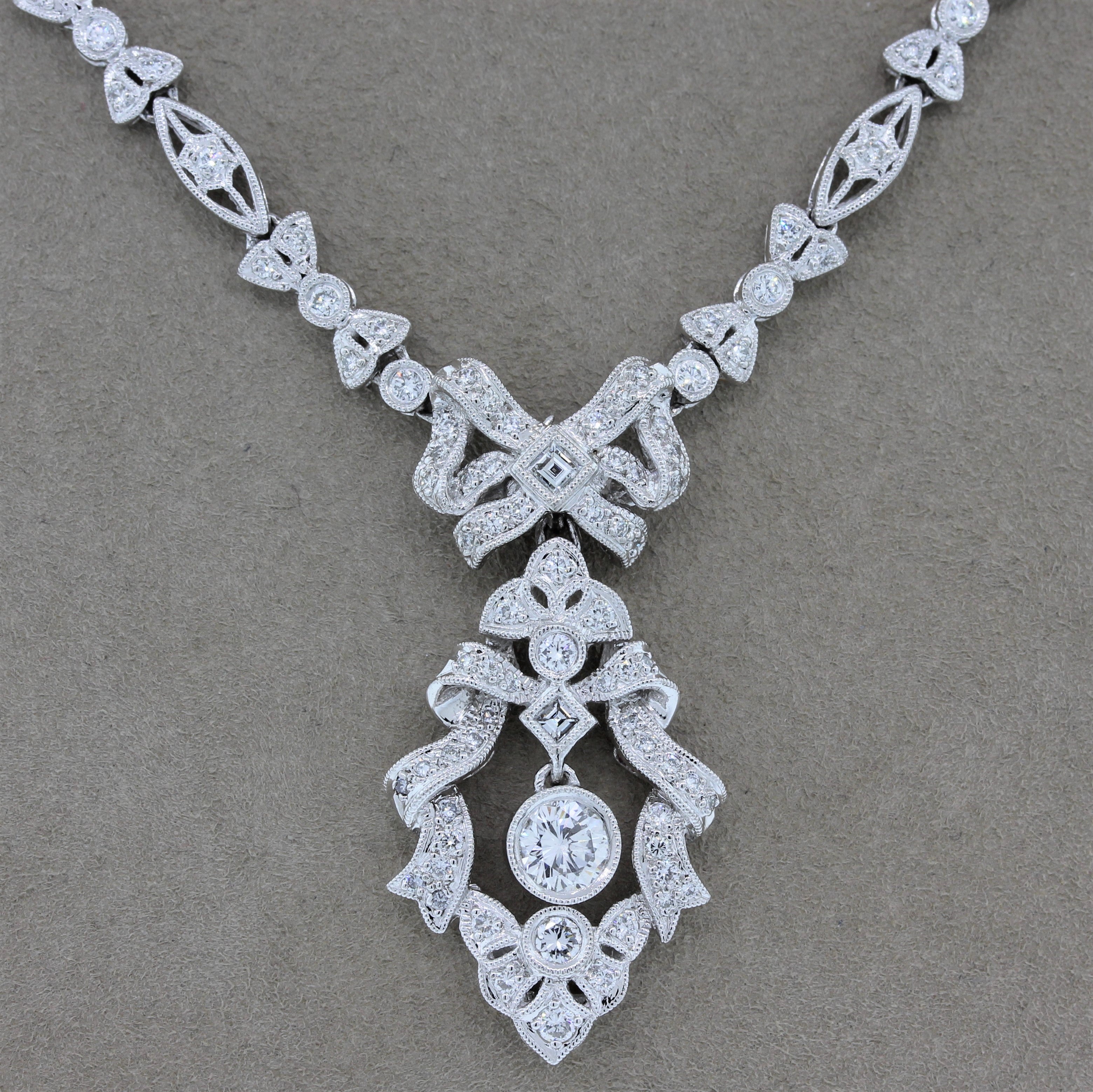 Antique Style Diamond Platinum Filigree Necklace