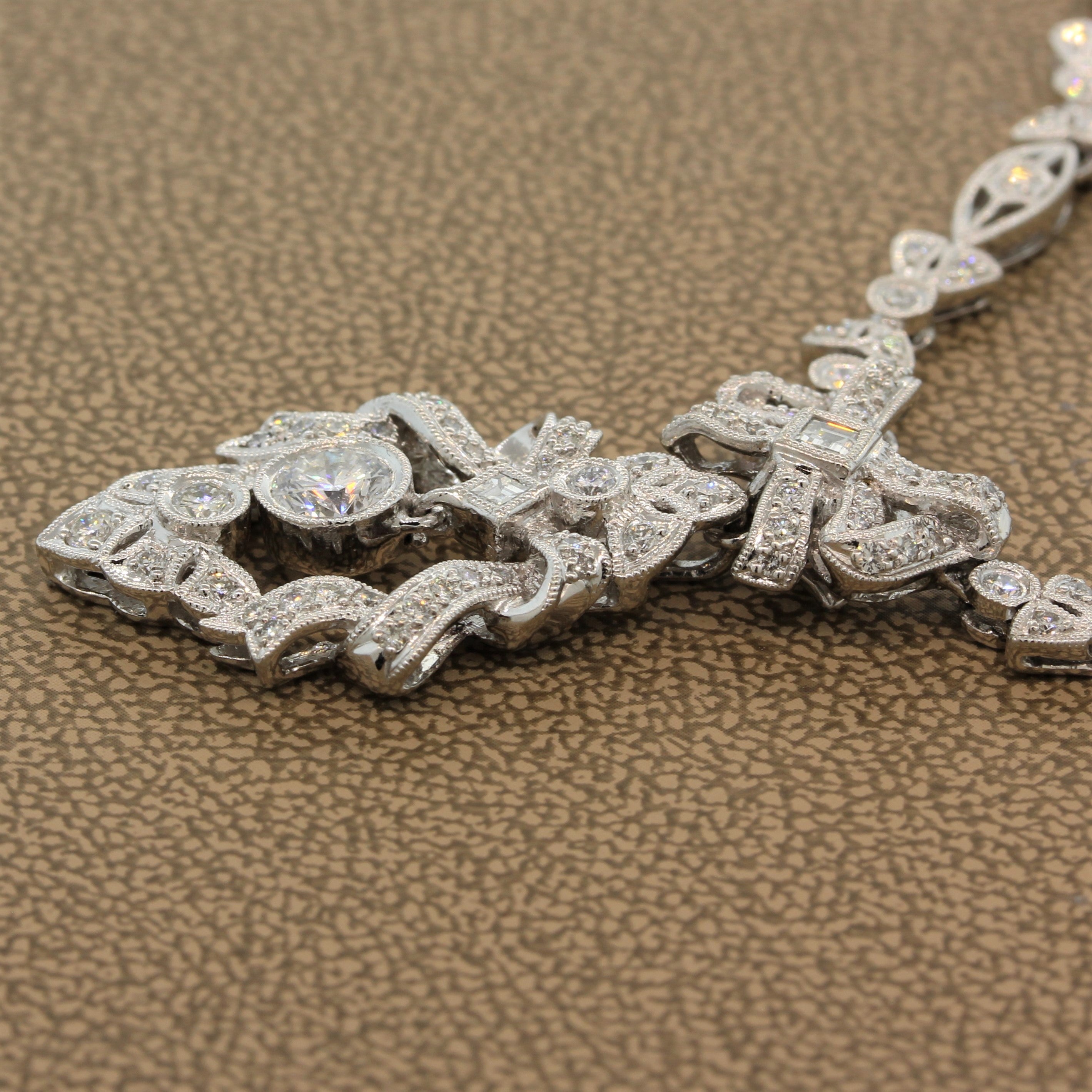 Antique Style Diamond Platinum Filigree Necklace