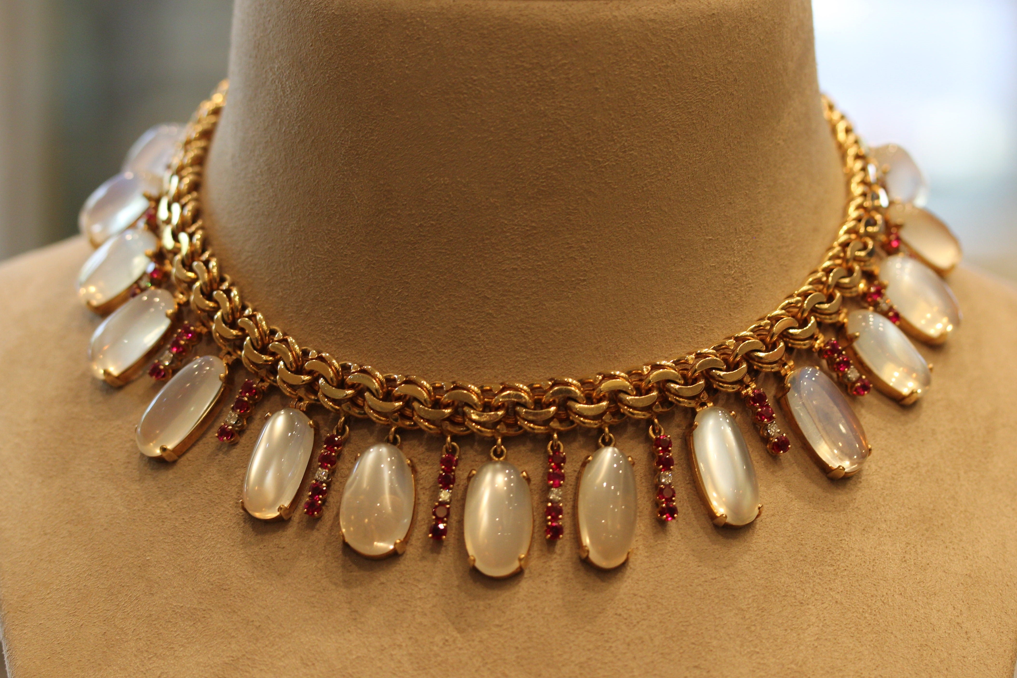 Retro Moonstone Ruby Diamond Gold Choker Necklace