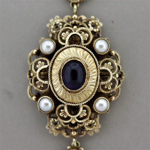Vintage Antique-Style Amethyst Pearl Gold Drop Necklace