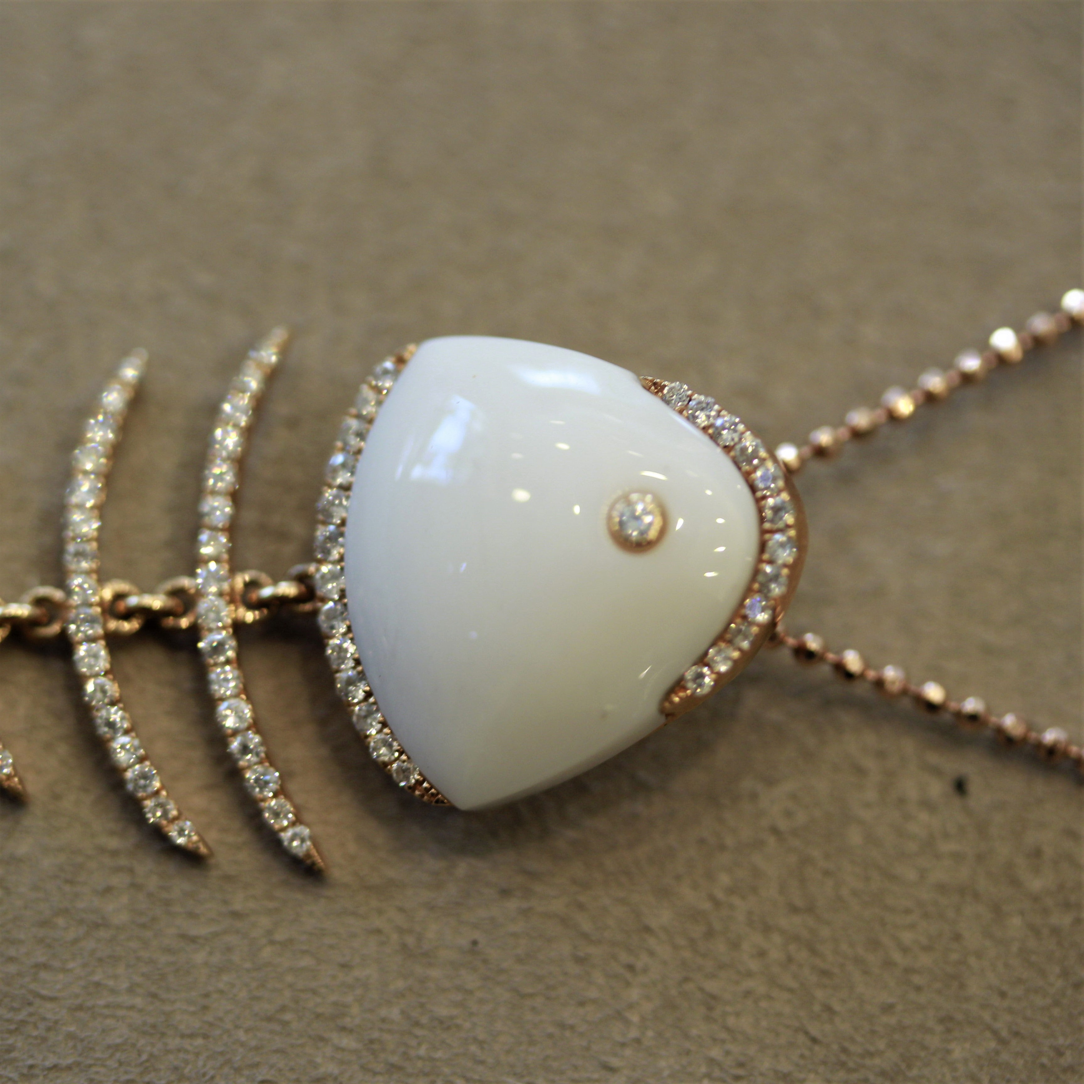 White Onyx Diamond Gold Fish-Bone Pendant Necklace