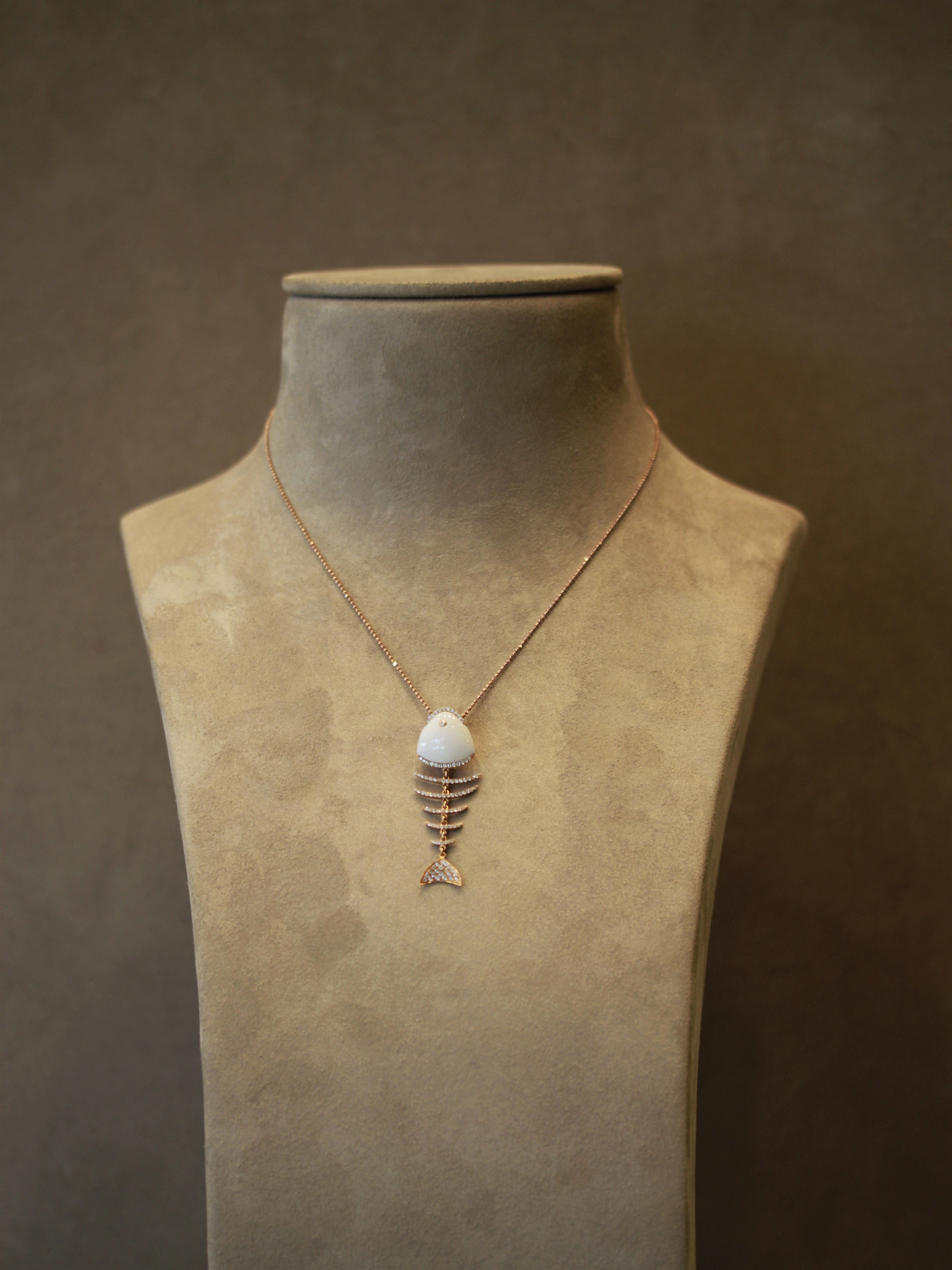 White Onyx Diamond Gold Fish-Bone Pendant Necklace