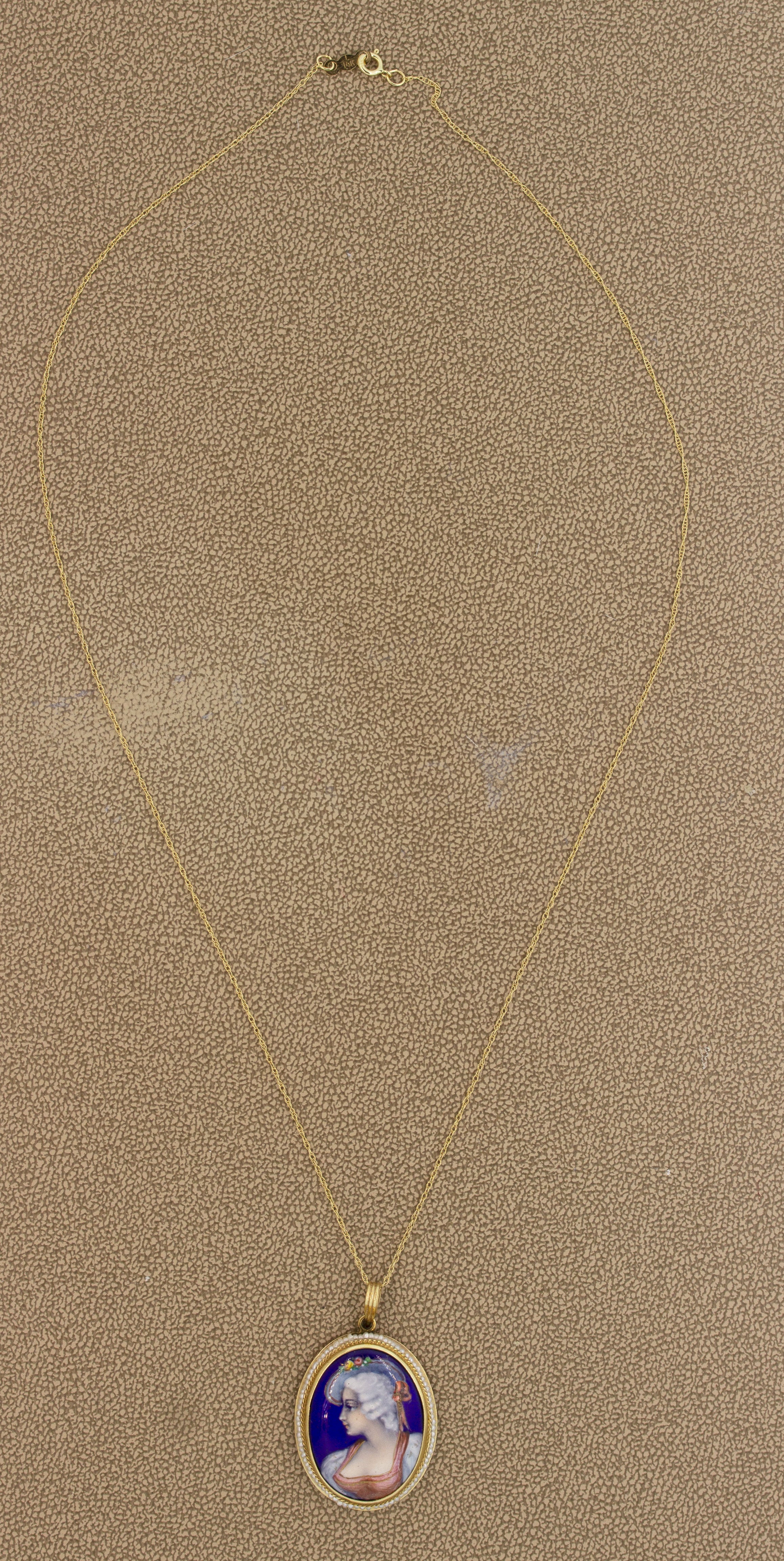 Victorian Antique Porcelain Seed-Pearl Gold Pendant