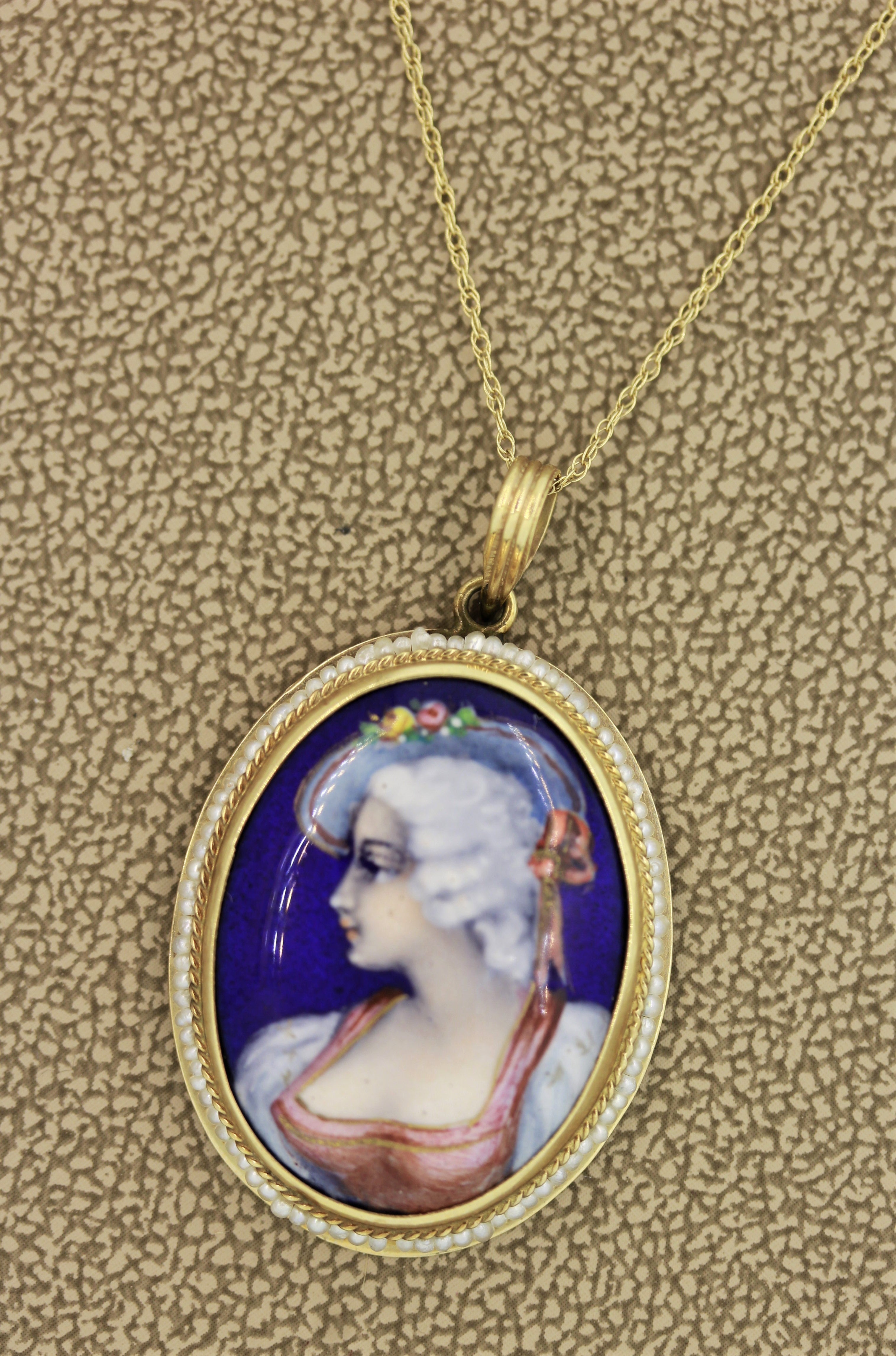 Victorian Antique Porcelain Seed-Pearl Gold Pendant