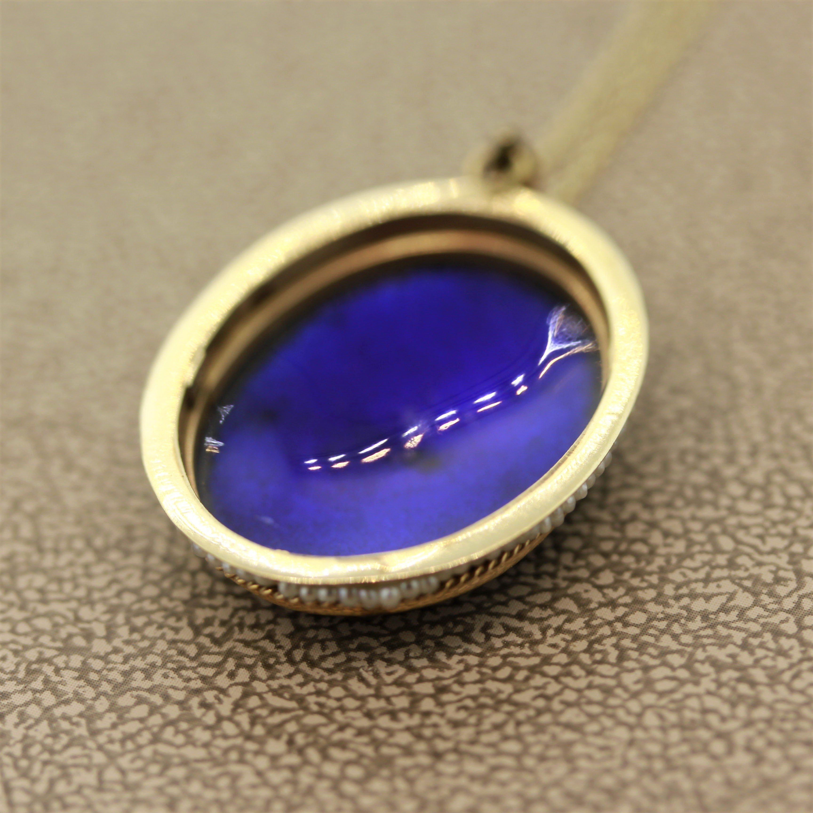 Victorian Antique Porcelain Seed-Pearl Gold Pendant