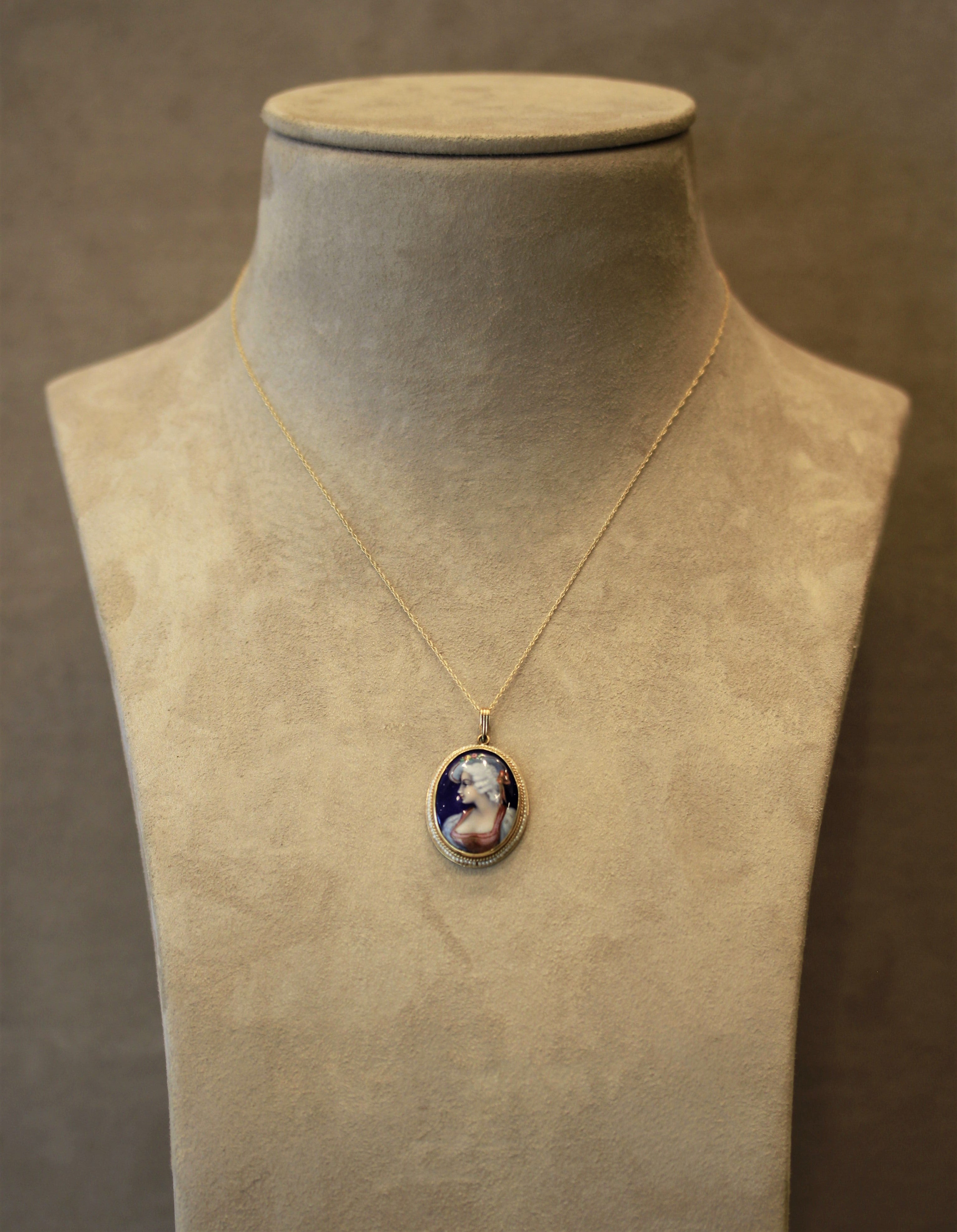 Victorian Antique Porcelain Seed-Pearl Gold Pendant