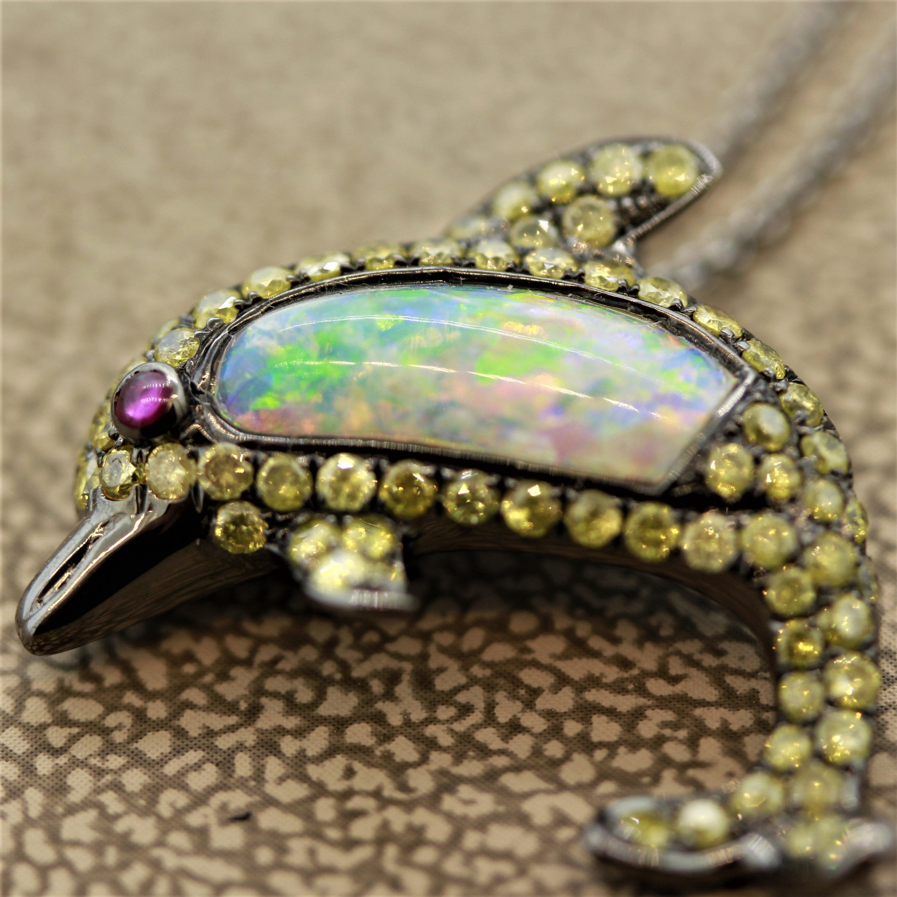 Opal Fancy Colored Diamond Ruby Gold Dolphin Pendant