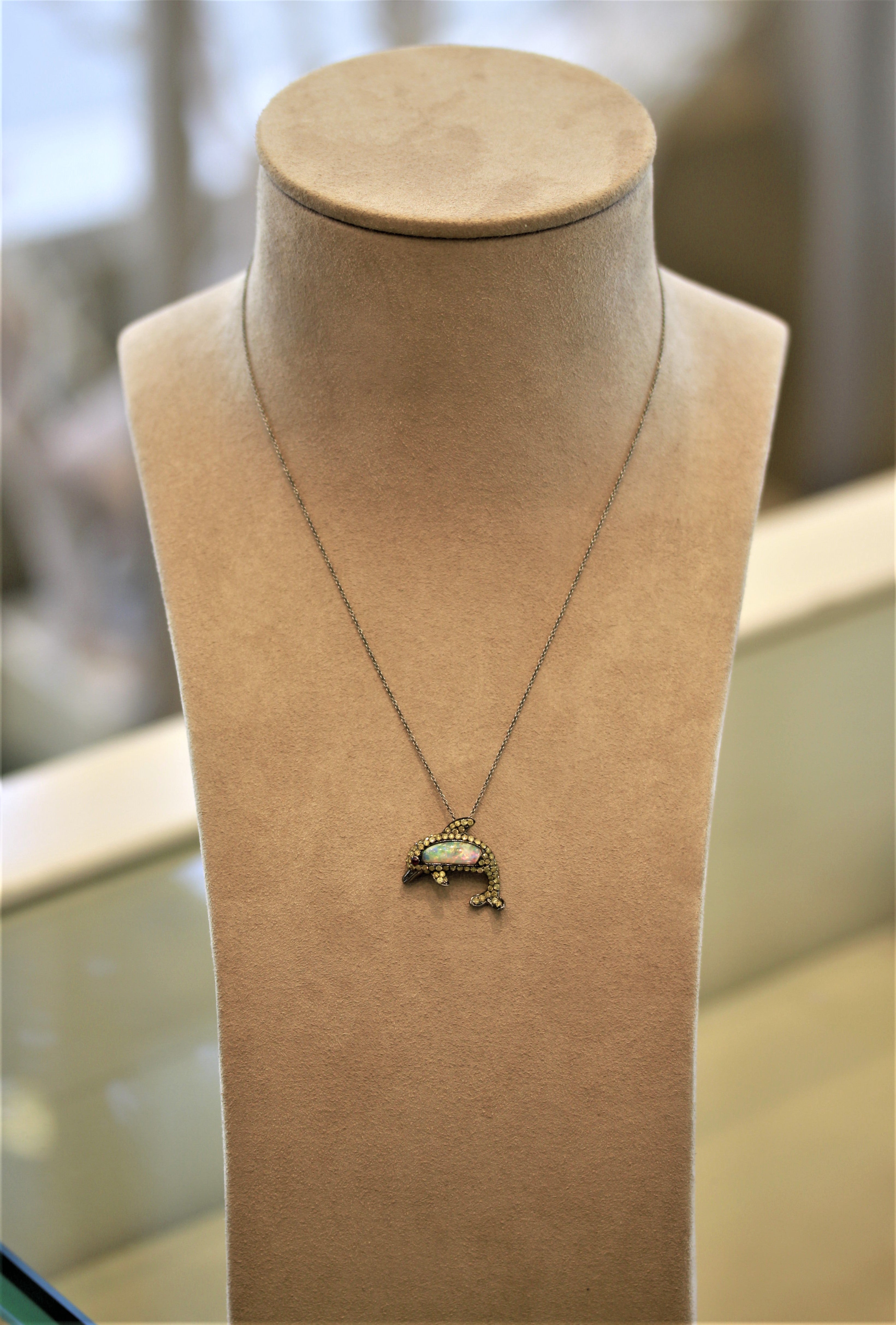 Opal Fancy Colored Diamond Ruby Gold Dolphin Pendant