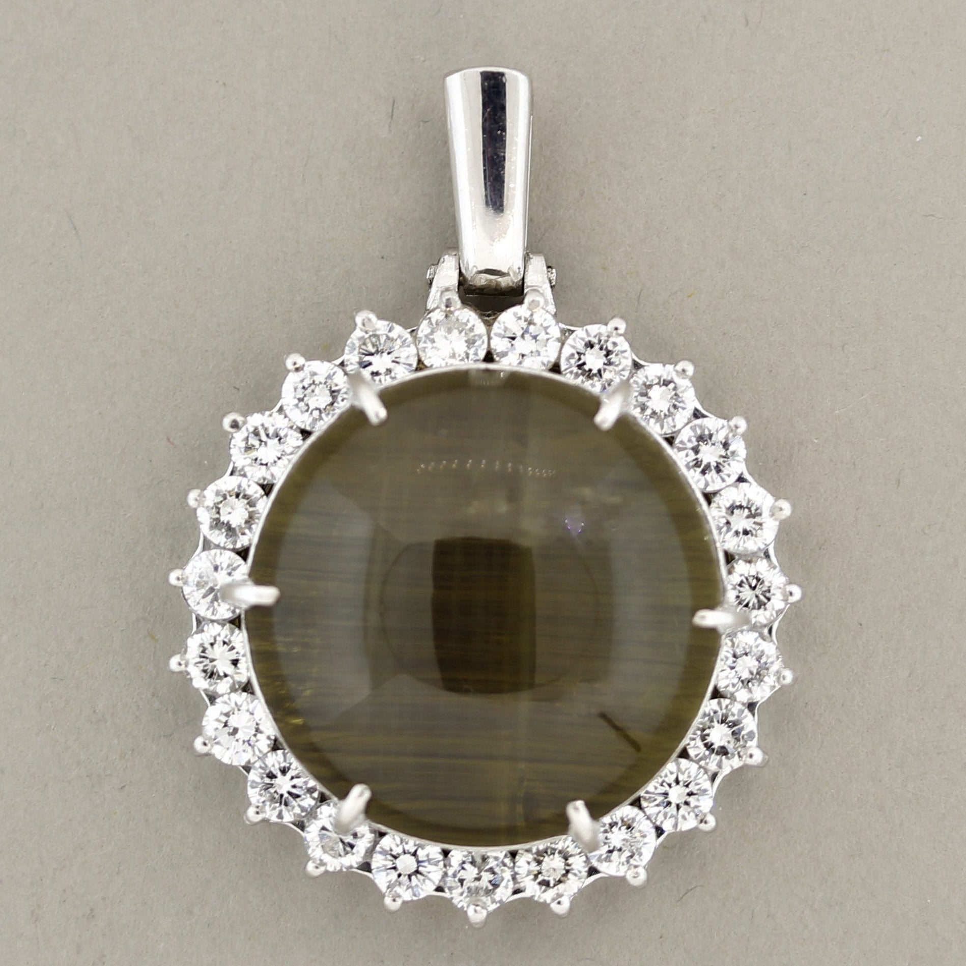 Large Cat’s Eye Quartz Diamond Halo Platinum Pendant