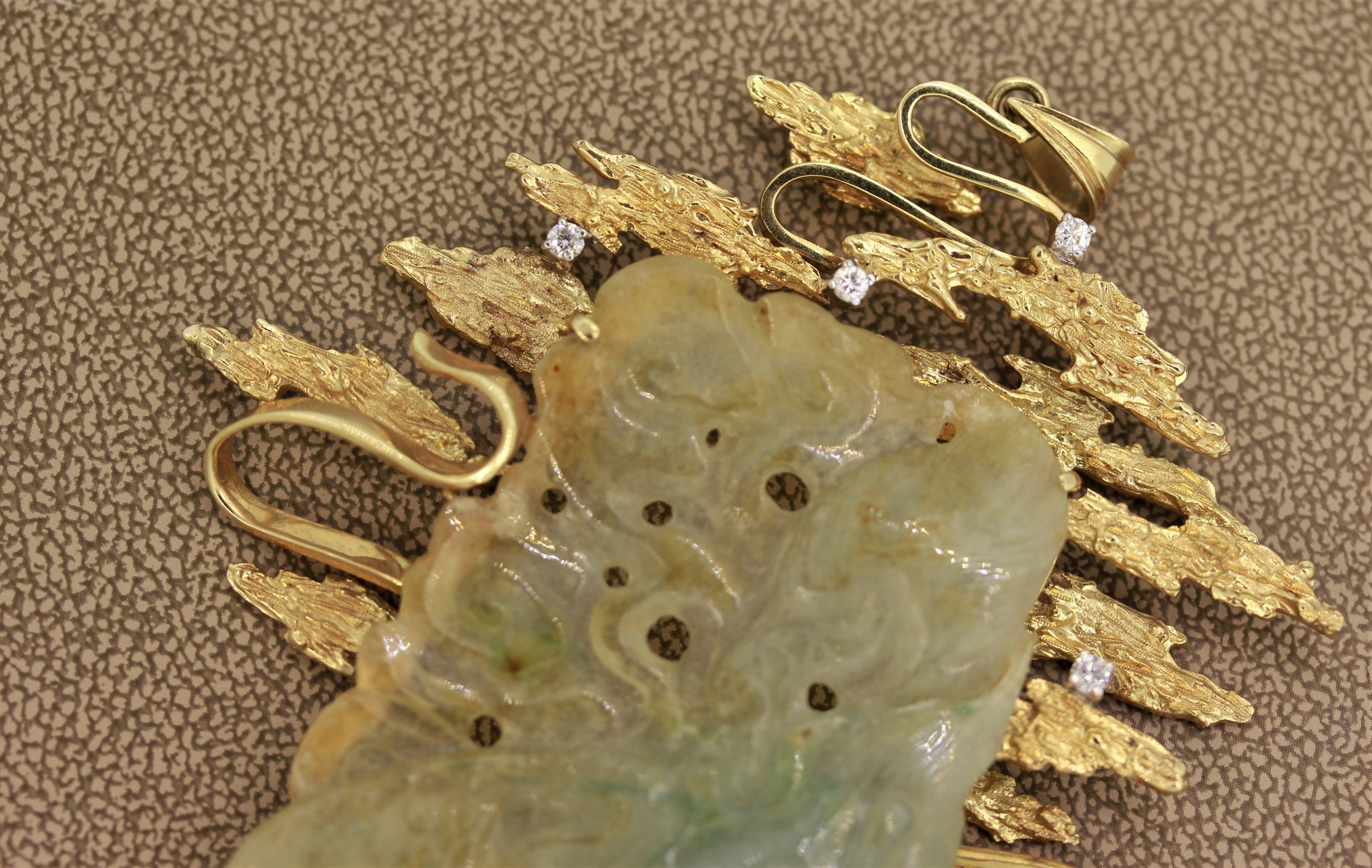 Large Carved Jade Diamond Gold Pendant