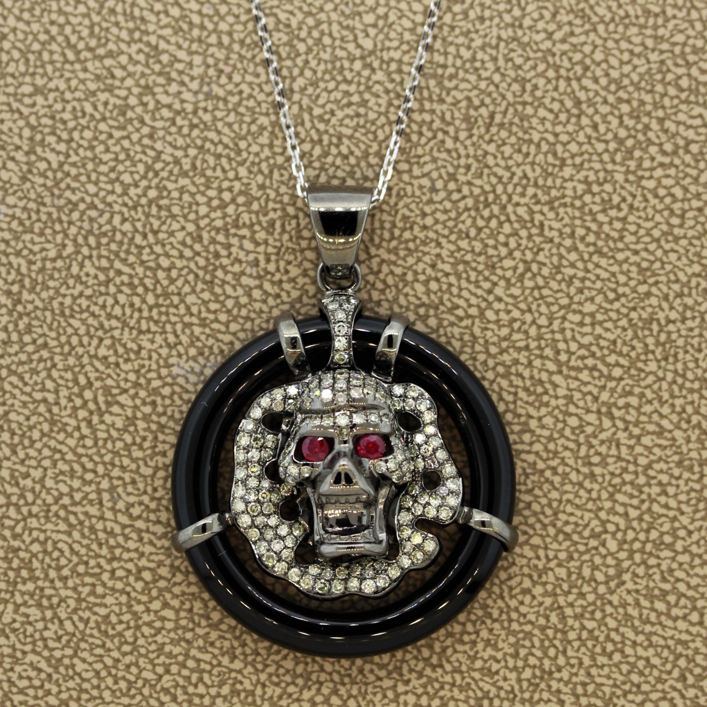 Diamond Ruby Black-Onyx Gold Skull Pendant
