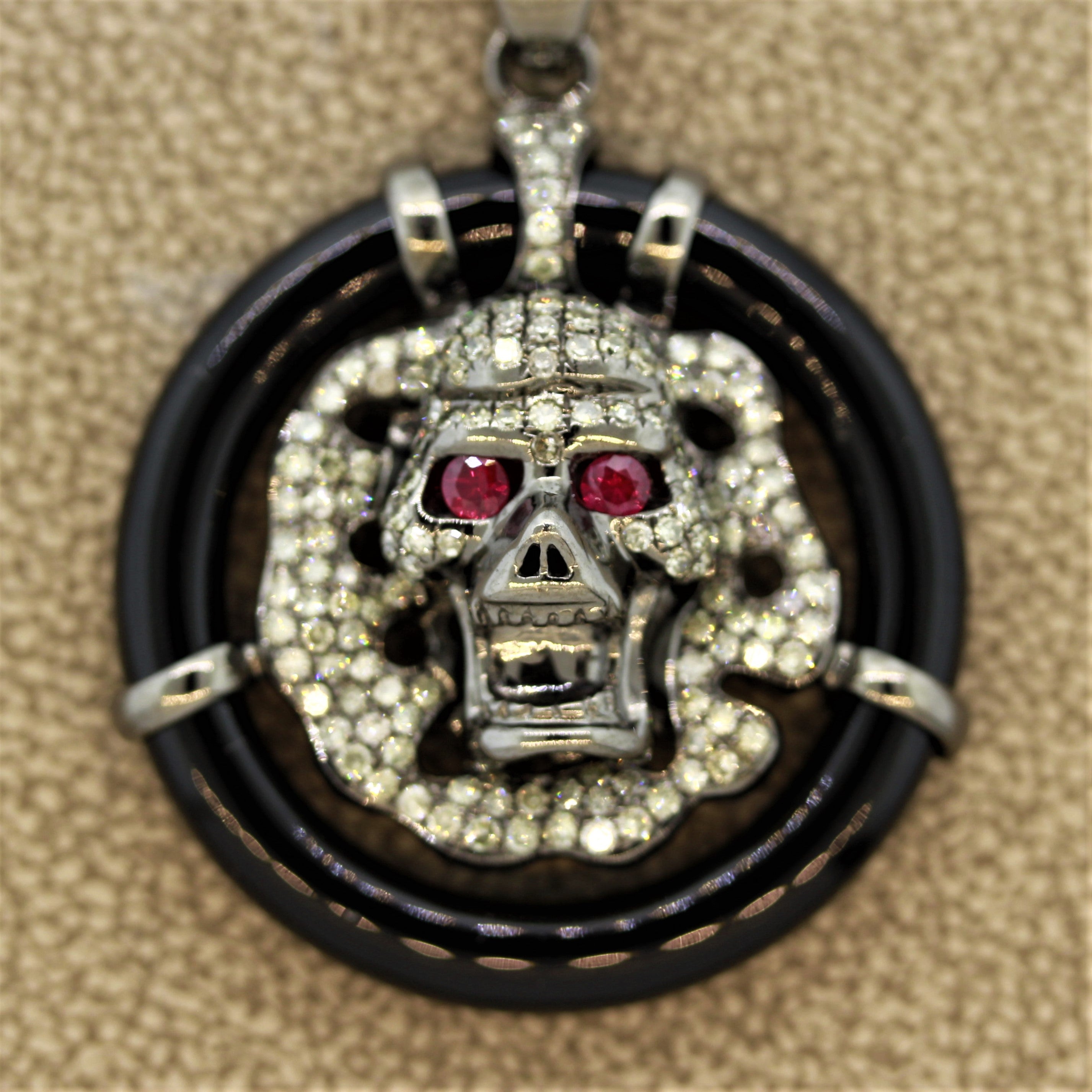 Diamond Ruby Black-Onyx Gold Skull Pendant