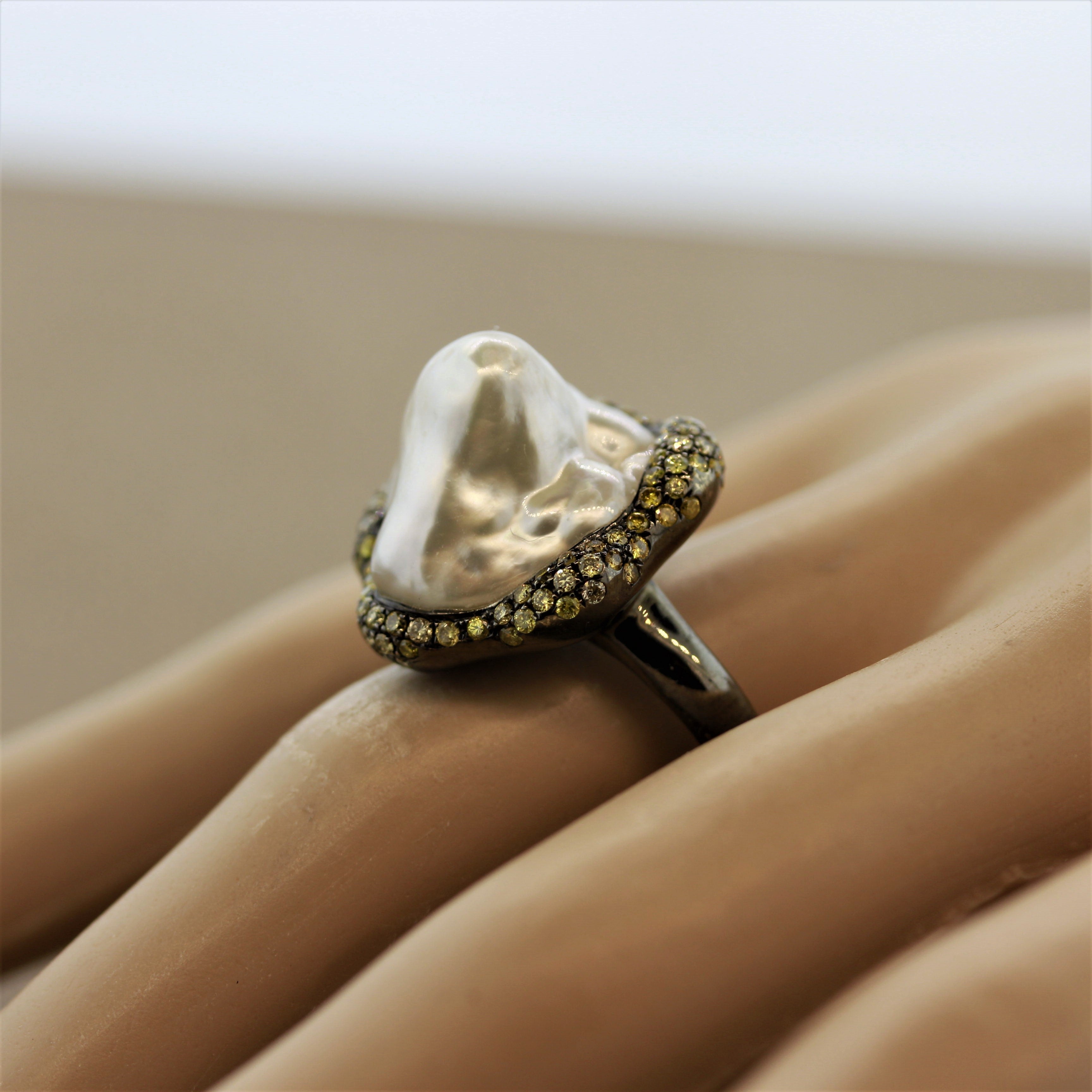 Baroque South Sea Pearl Diamond Gold Ring