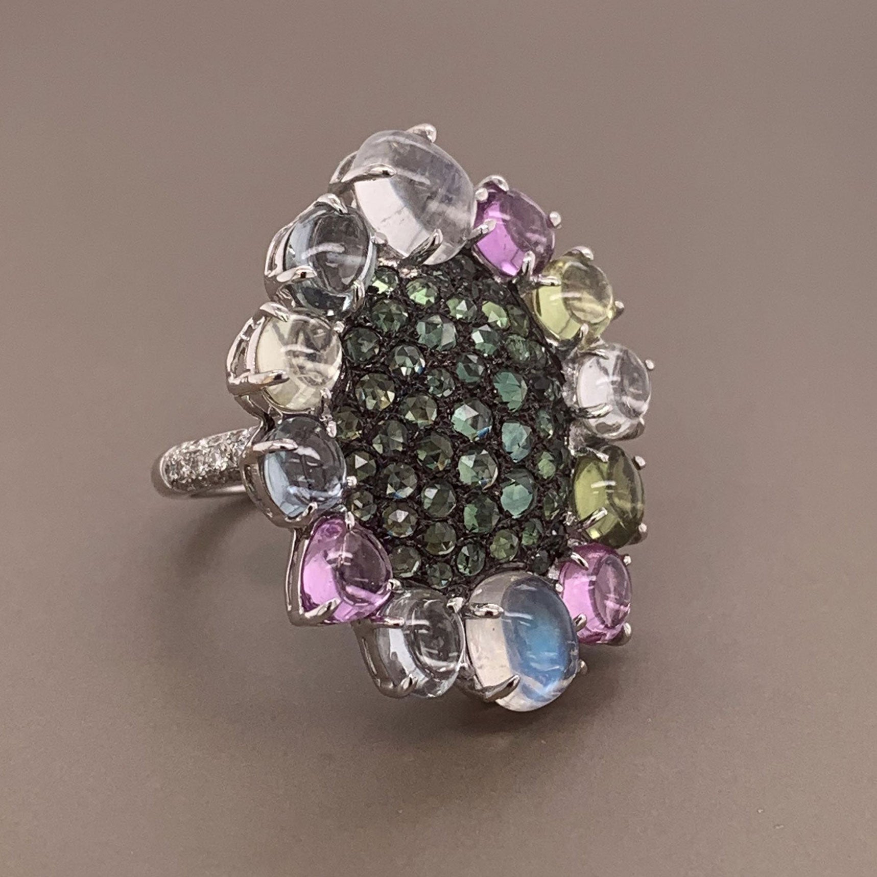 Modern Diamond Sapphire Moonstone Gold Cocktail Ring