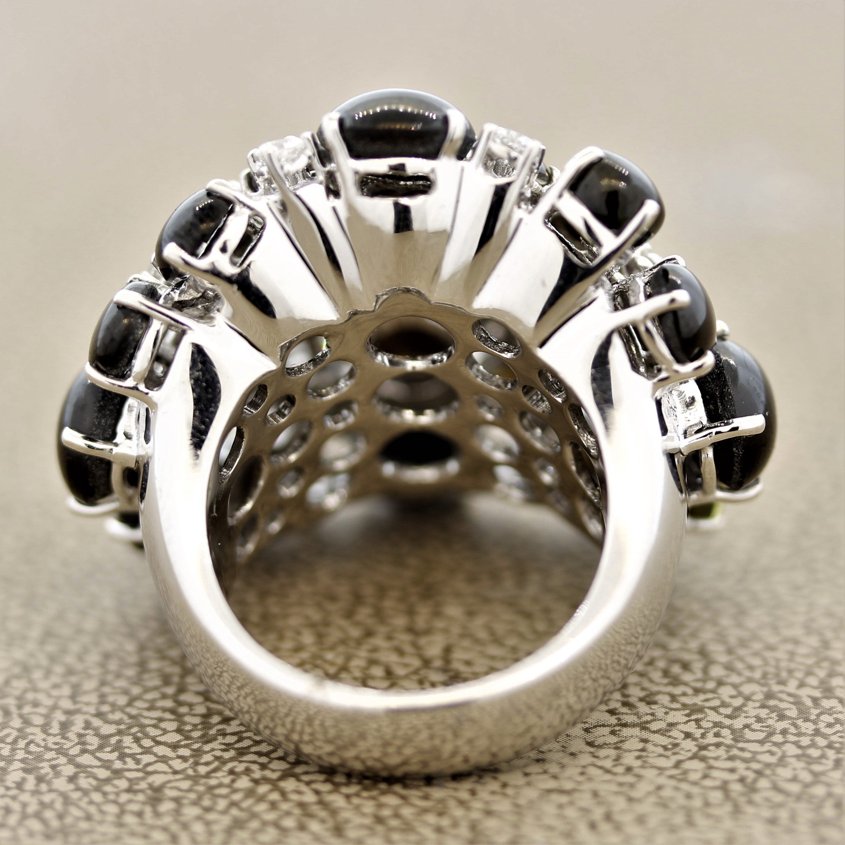 Black Star Sapphire Diamond Gold Cluster Cocktail Ring