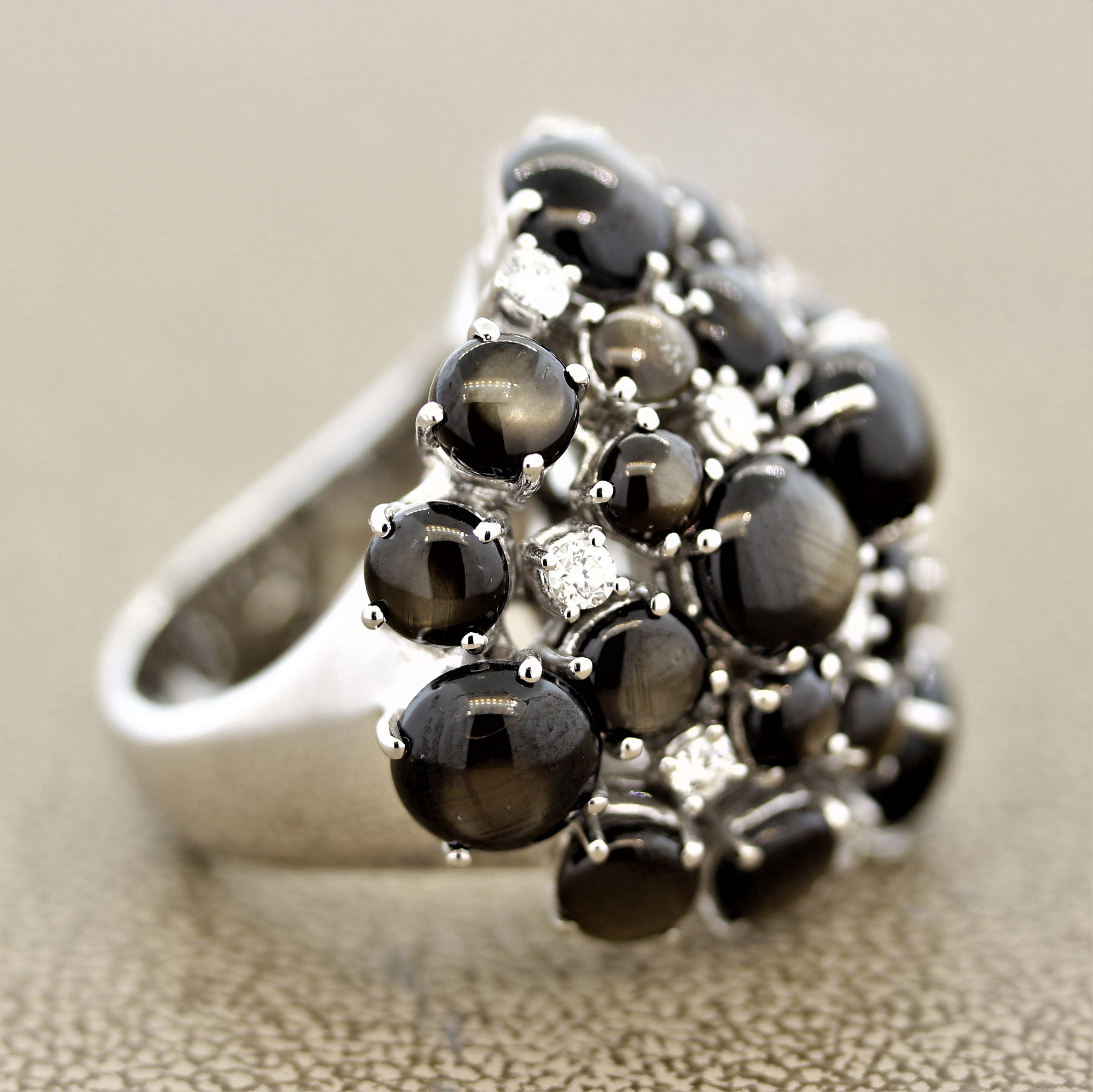 Black Star Sapphire Diamond Gold Cluster Cocktail Ring