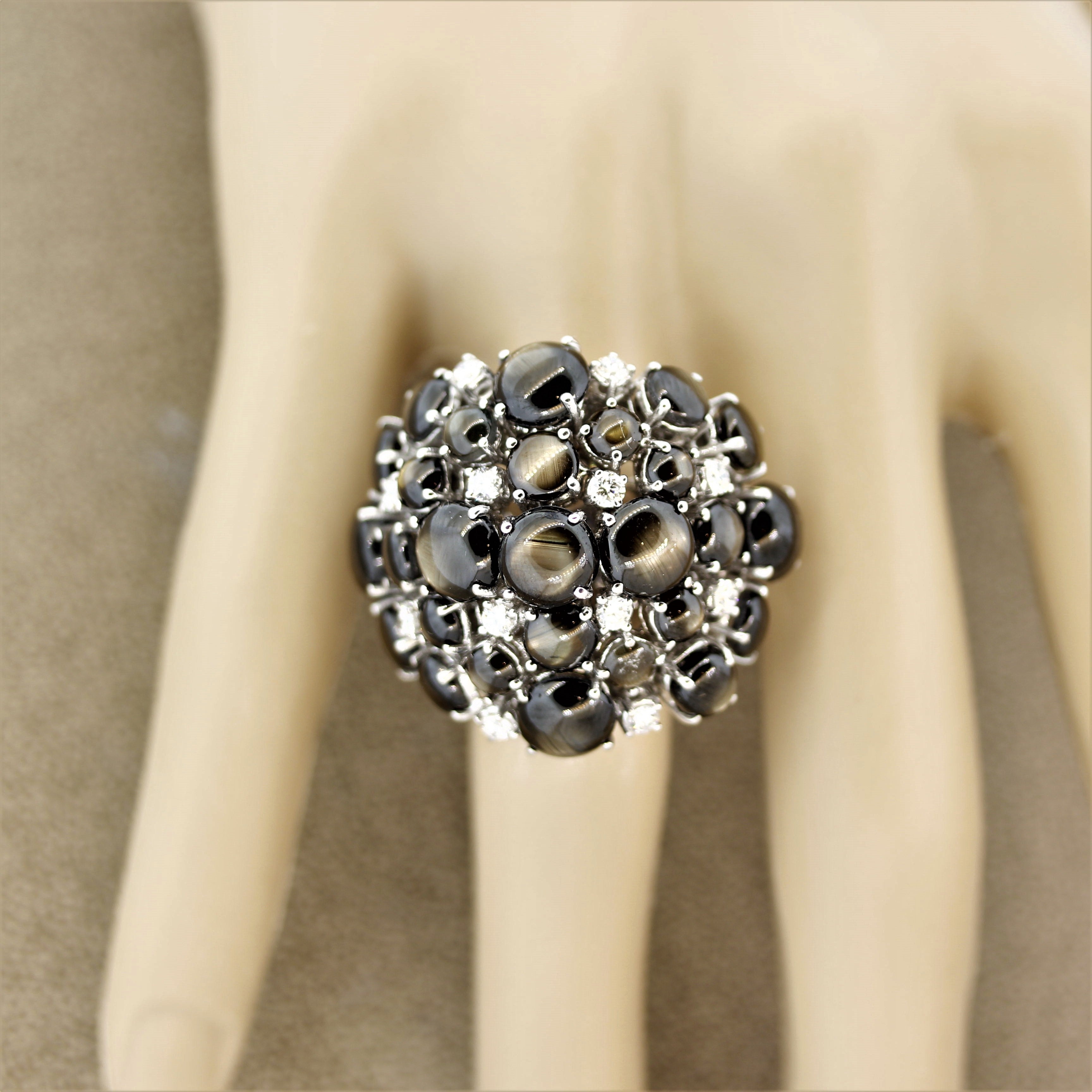 Black Star Sapphire Diamond Gold Cluster Cocktail Ring