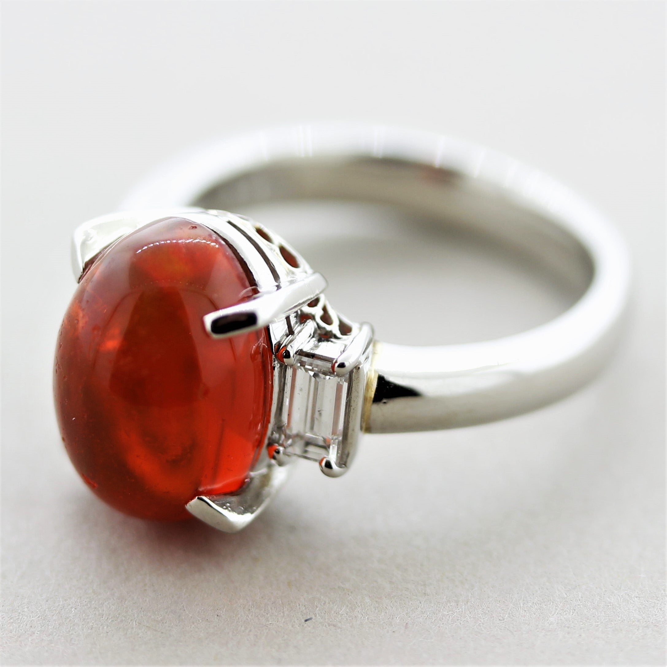 Mexican Fire Opal Diamond Platinum 3-Stone Ring