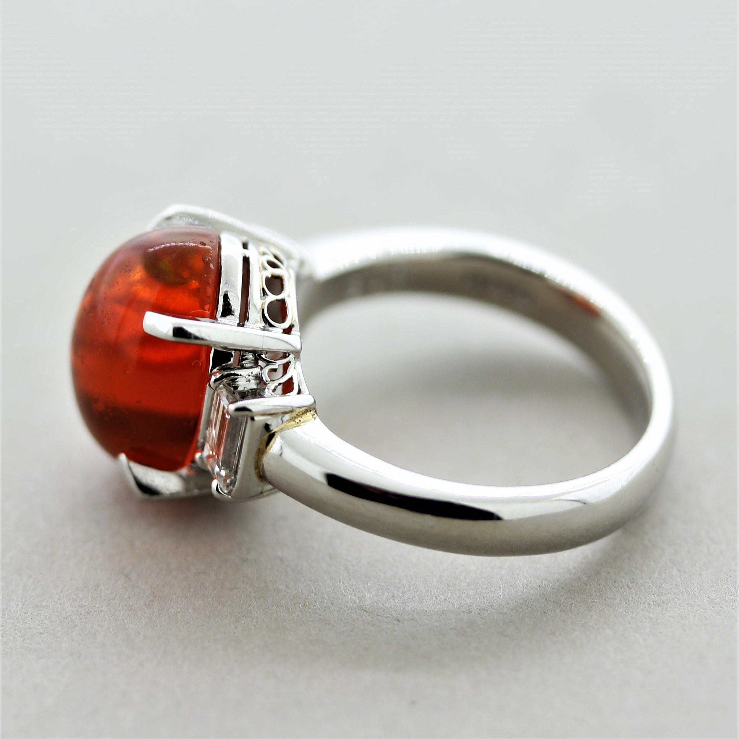 Mexican Fire Opal Diamond Platinum 3-Stone Ring