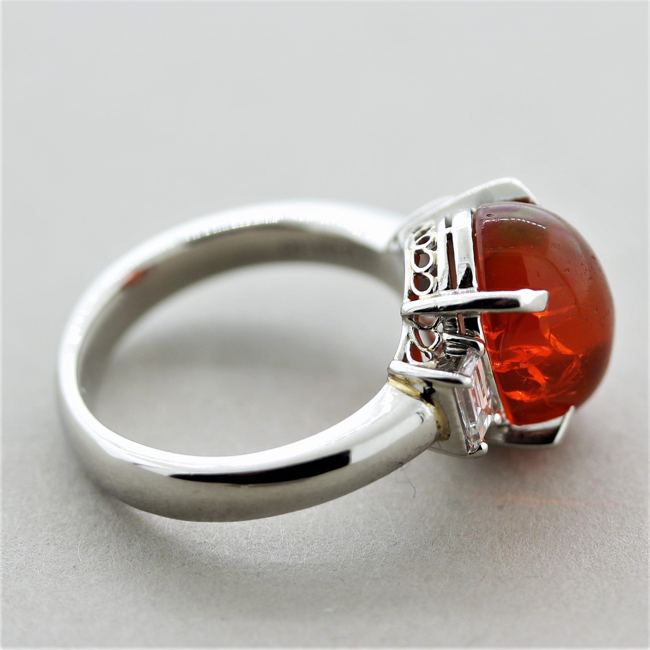 Mexican Fire Opal Diamond Platinum 3-Stone Ring