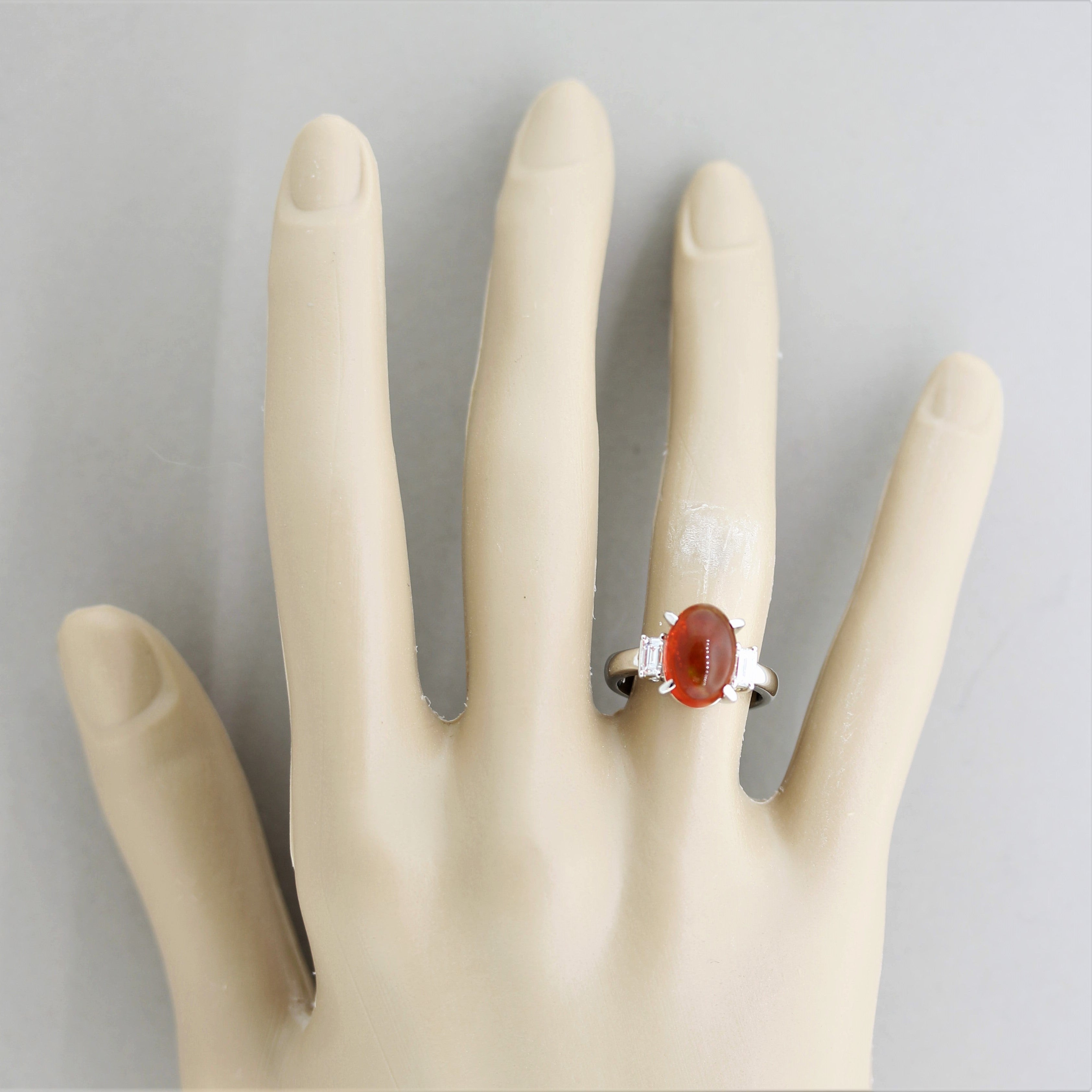 Mexican Fire Opal Diamond Platinum 3-Stone Ring