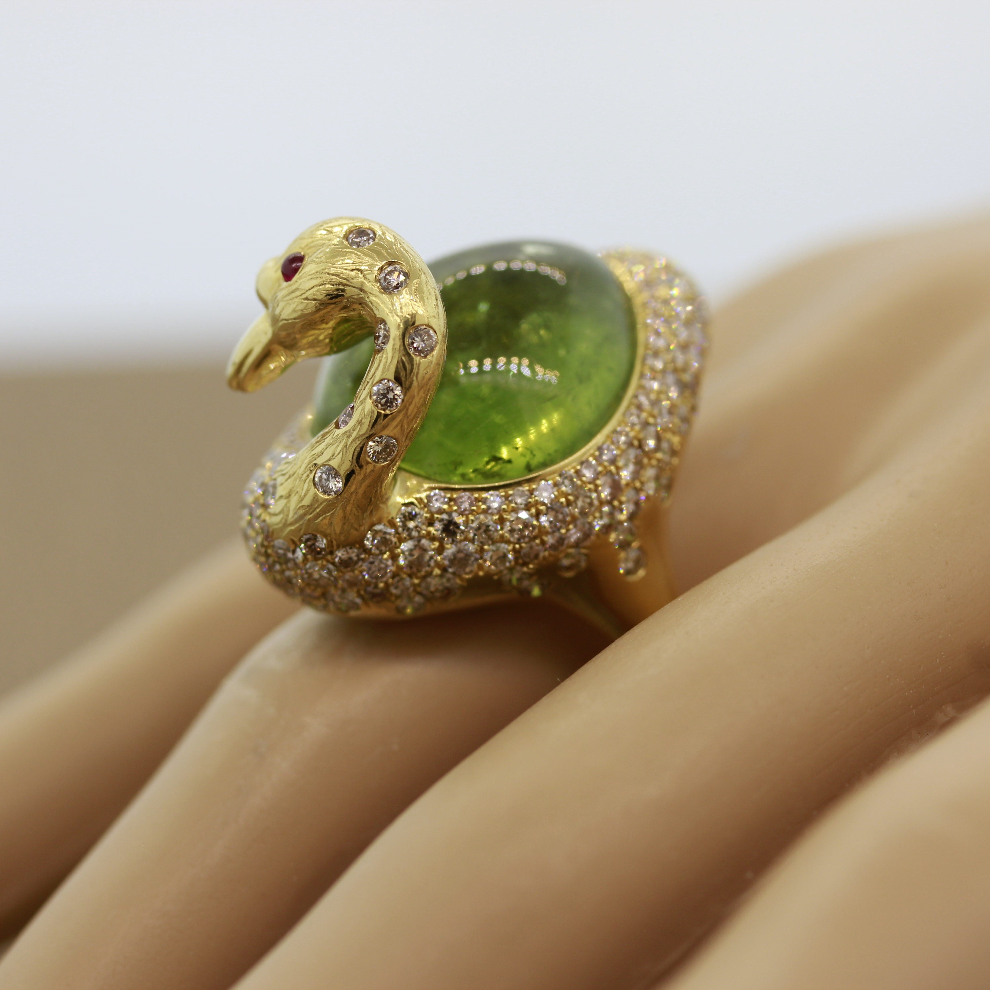 Green Tourmaline Diamond Gold Swan Ring