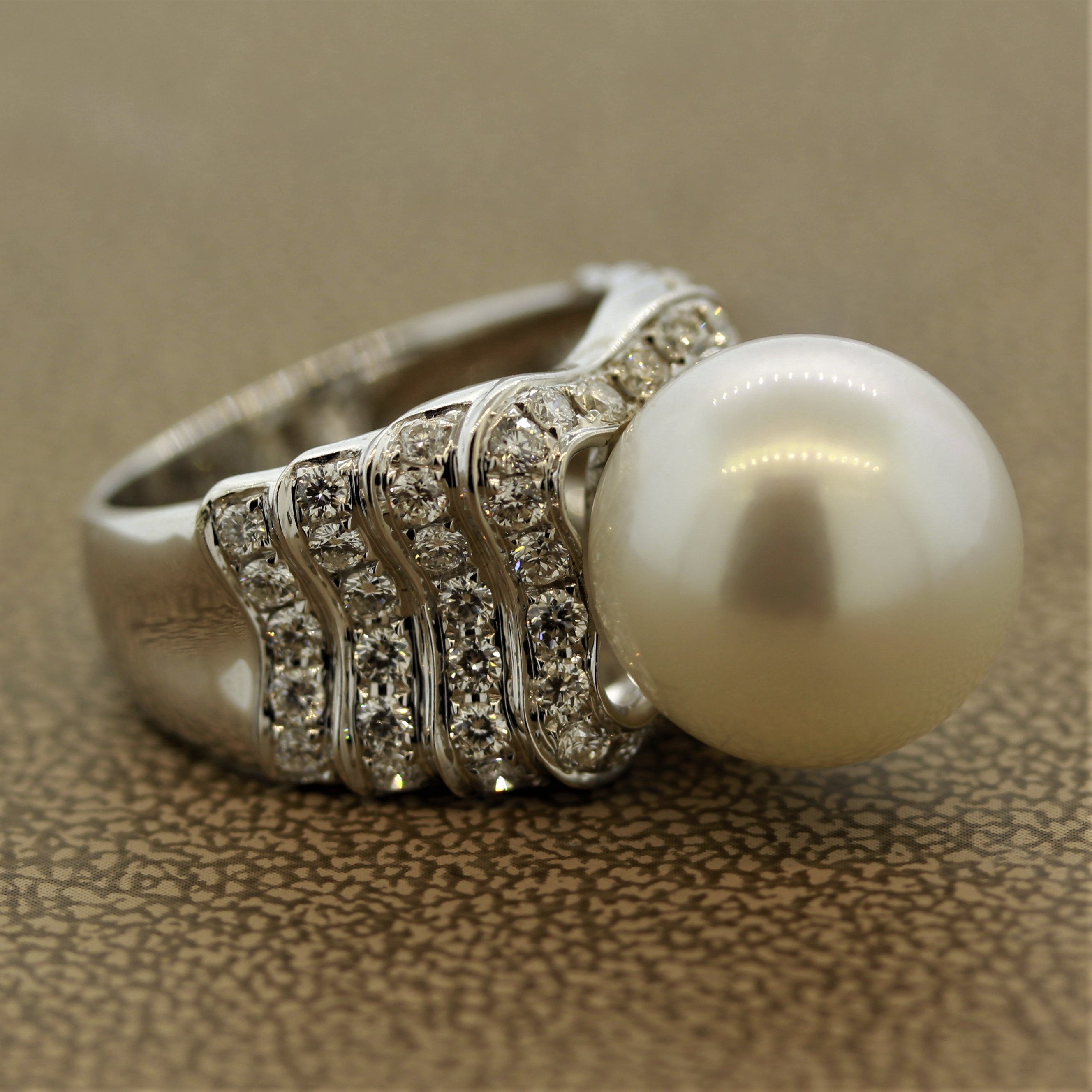 South Sea Pearl Half Circle Diamond Gold Ring