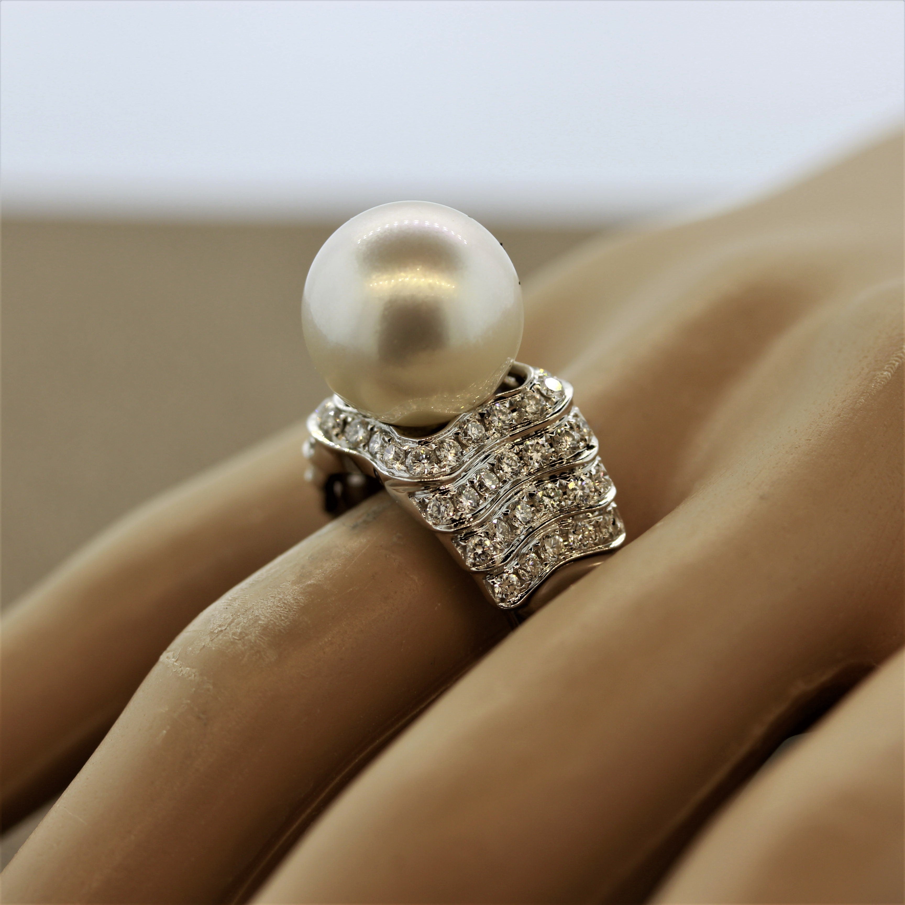 South Sea Pearl Half Circle Diamond Gold Ring