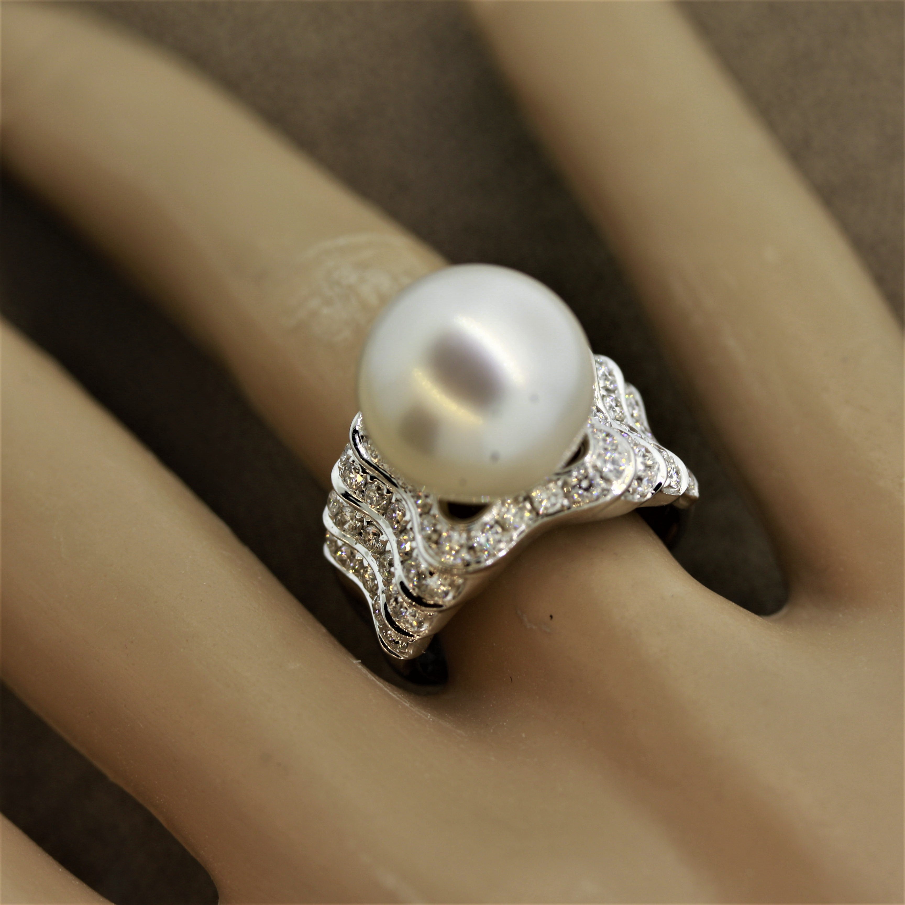 South Sea Pearl Half Circle Diamond Gold Ring