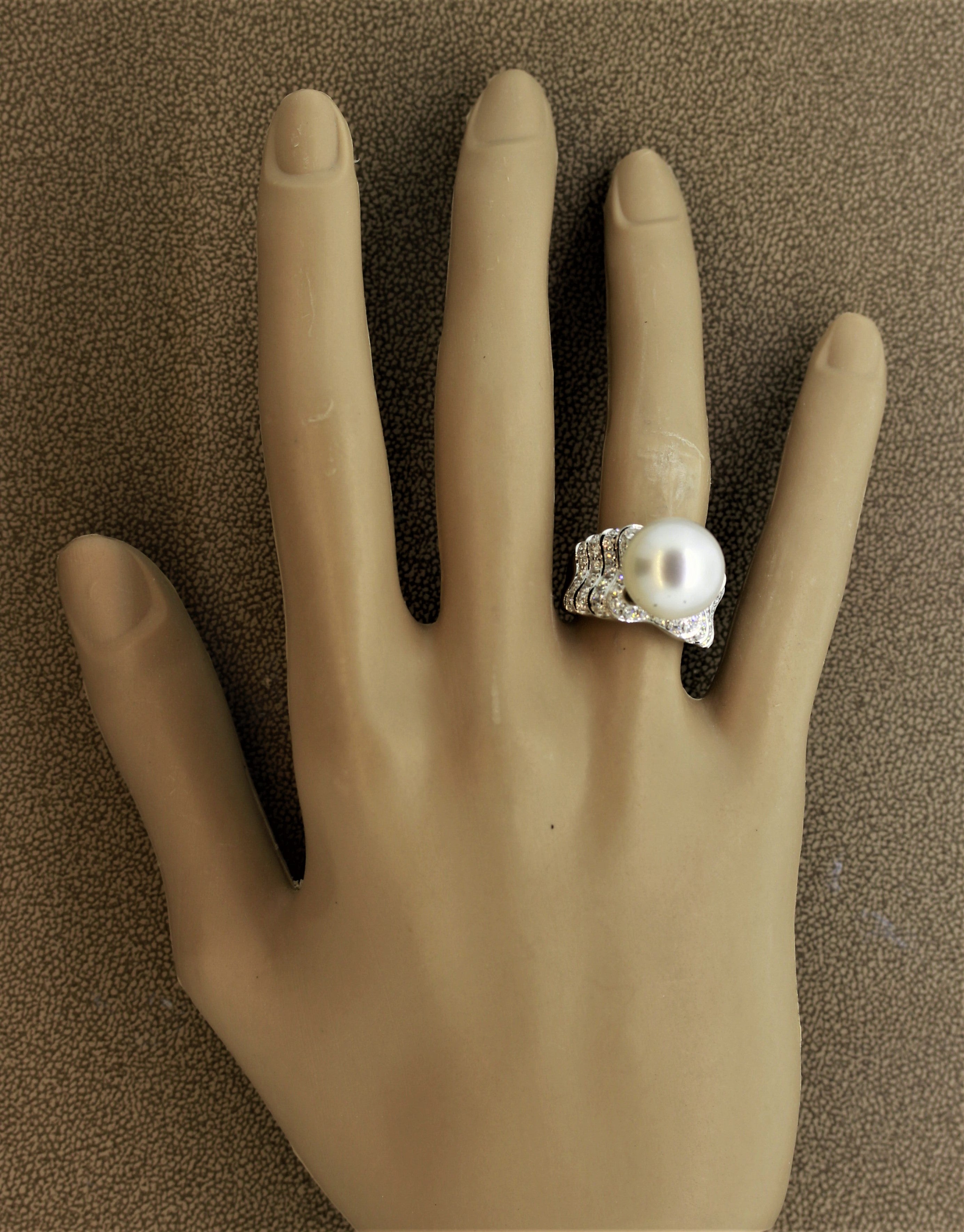 South Sea Pearl Half Circle Diamond Gold Ring