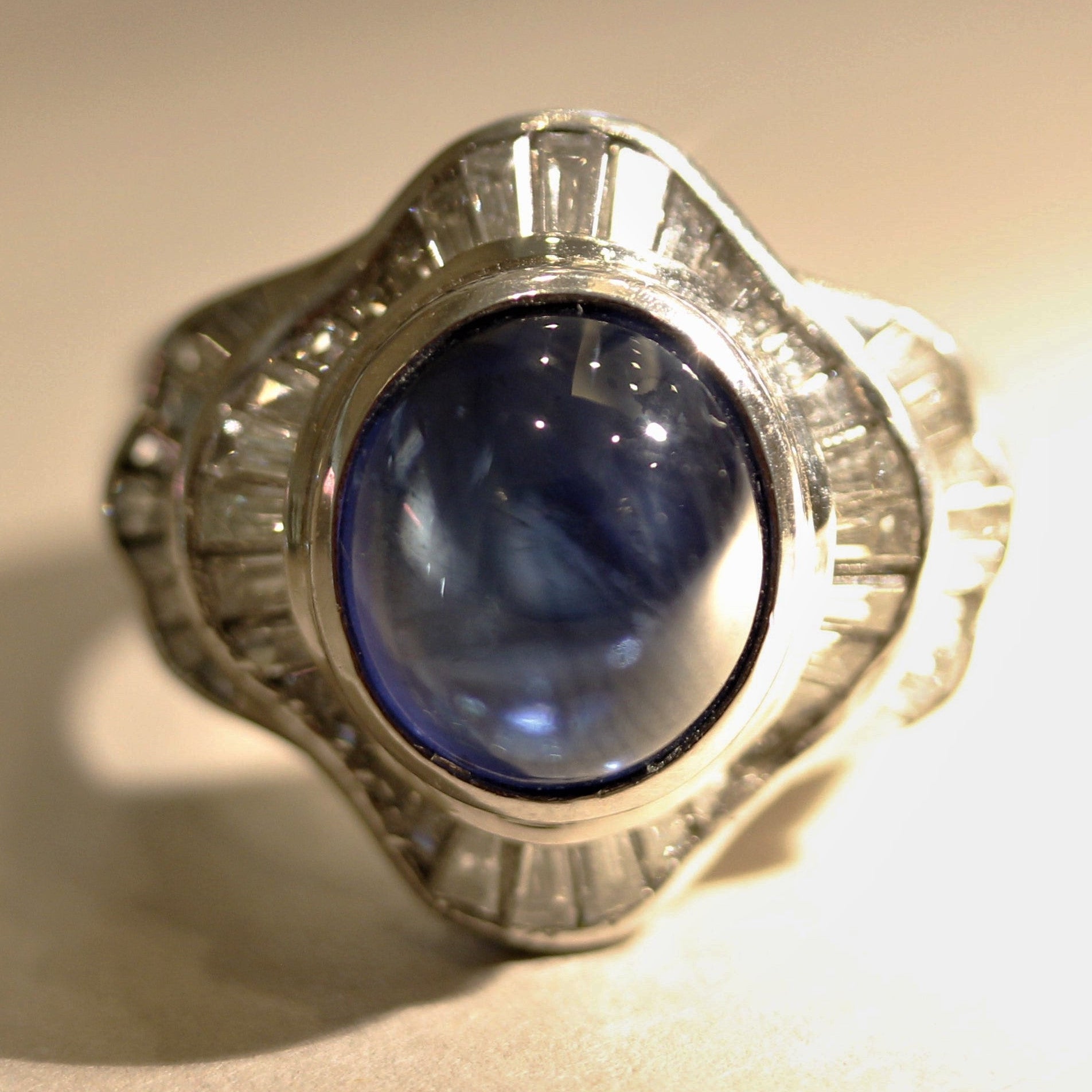Cabochon Sapphire Diamond Platinum Ring