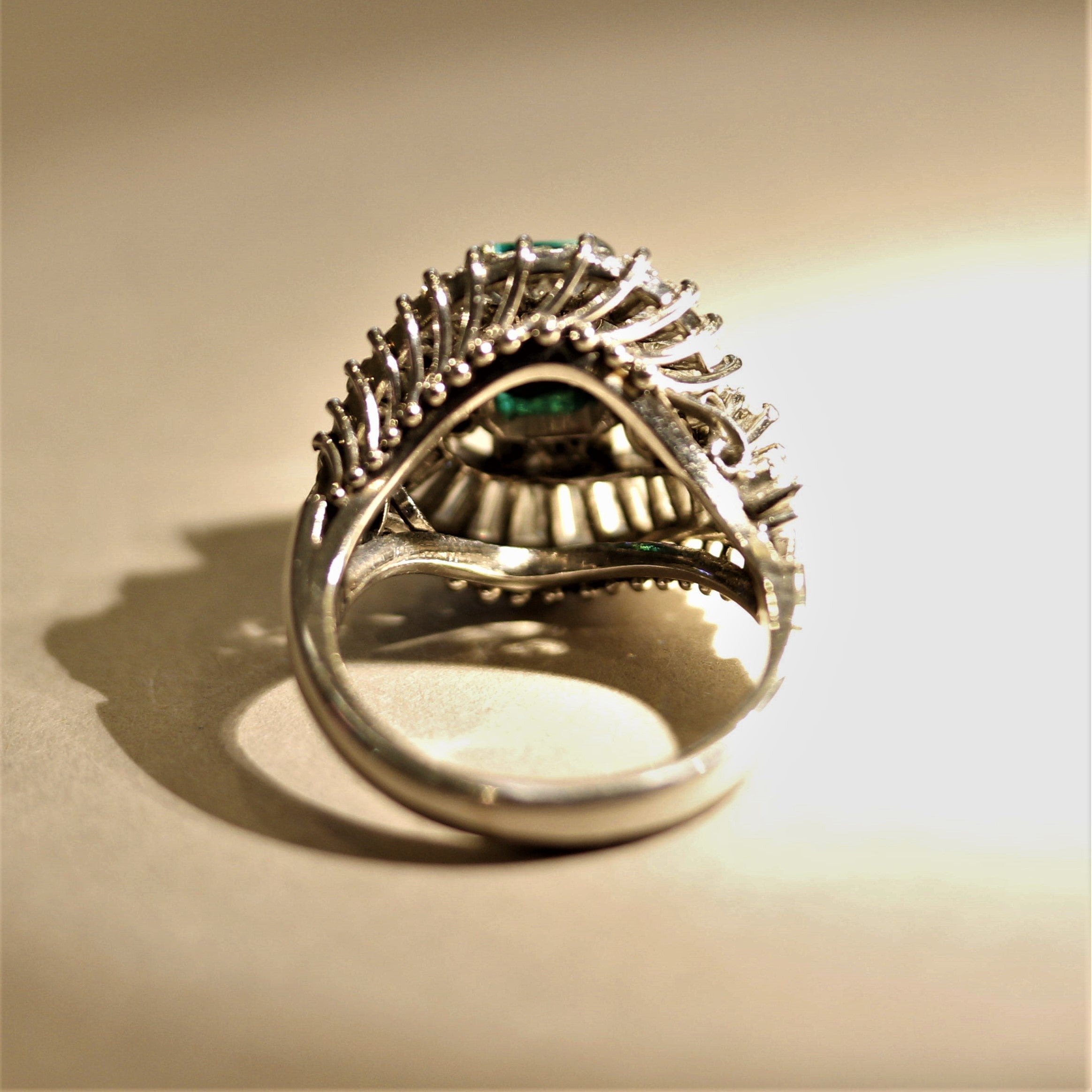 Mid-Century Emerald Diamond Platinum Spray Ring