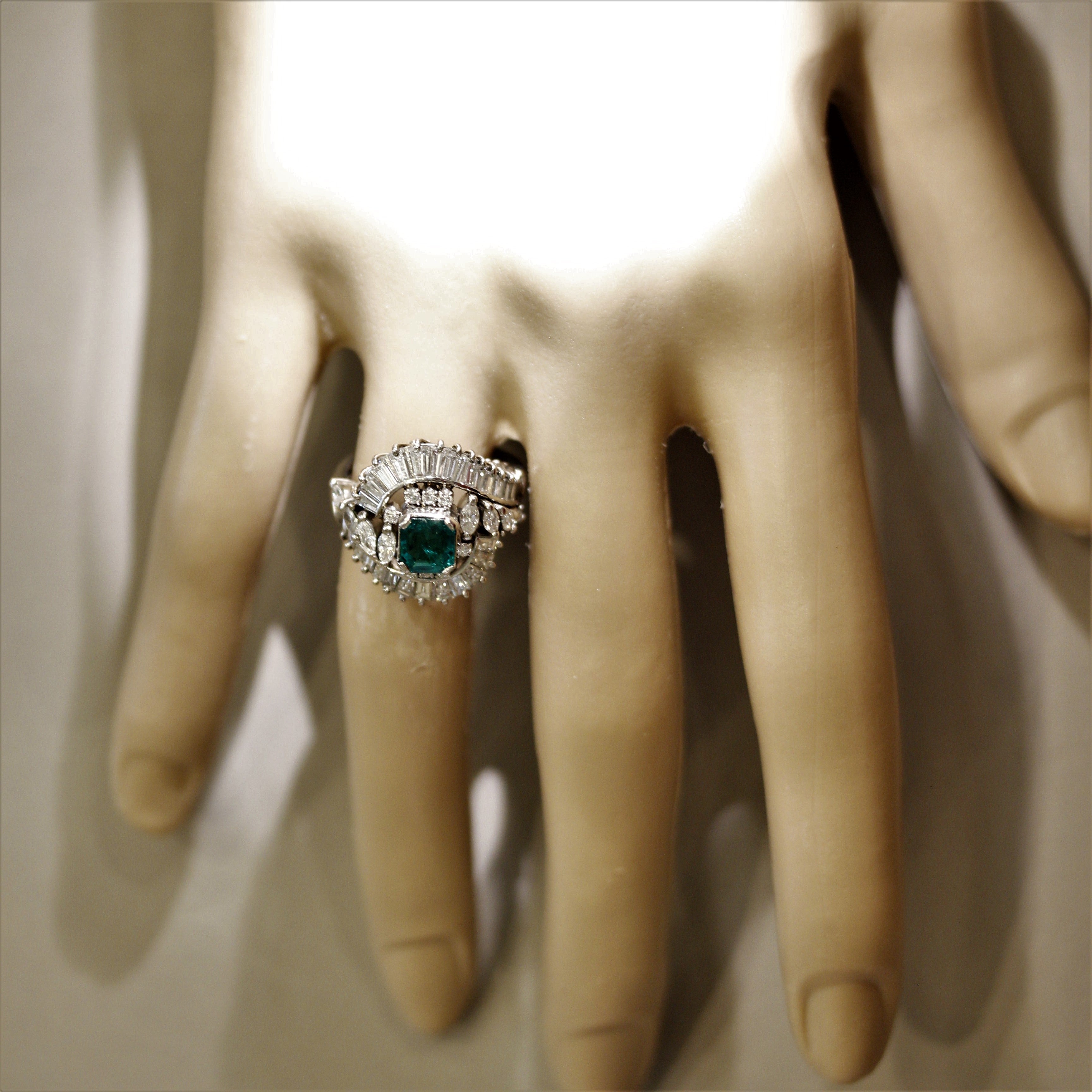 Mid-Century Emerald Diamond Platinum Spray Ring