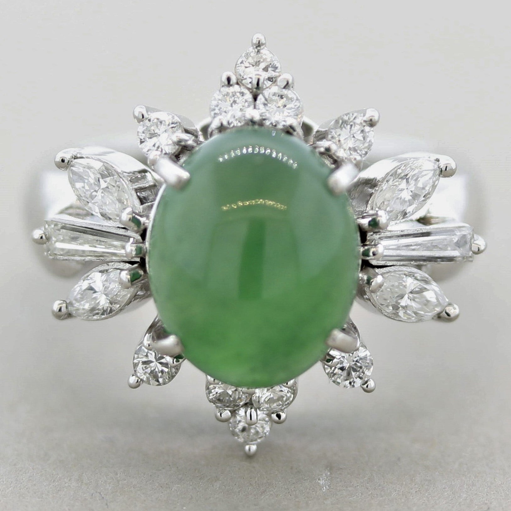 Natural Jadeite Jade Diamond Platinum Floral Ring, GIA Certified