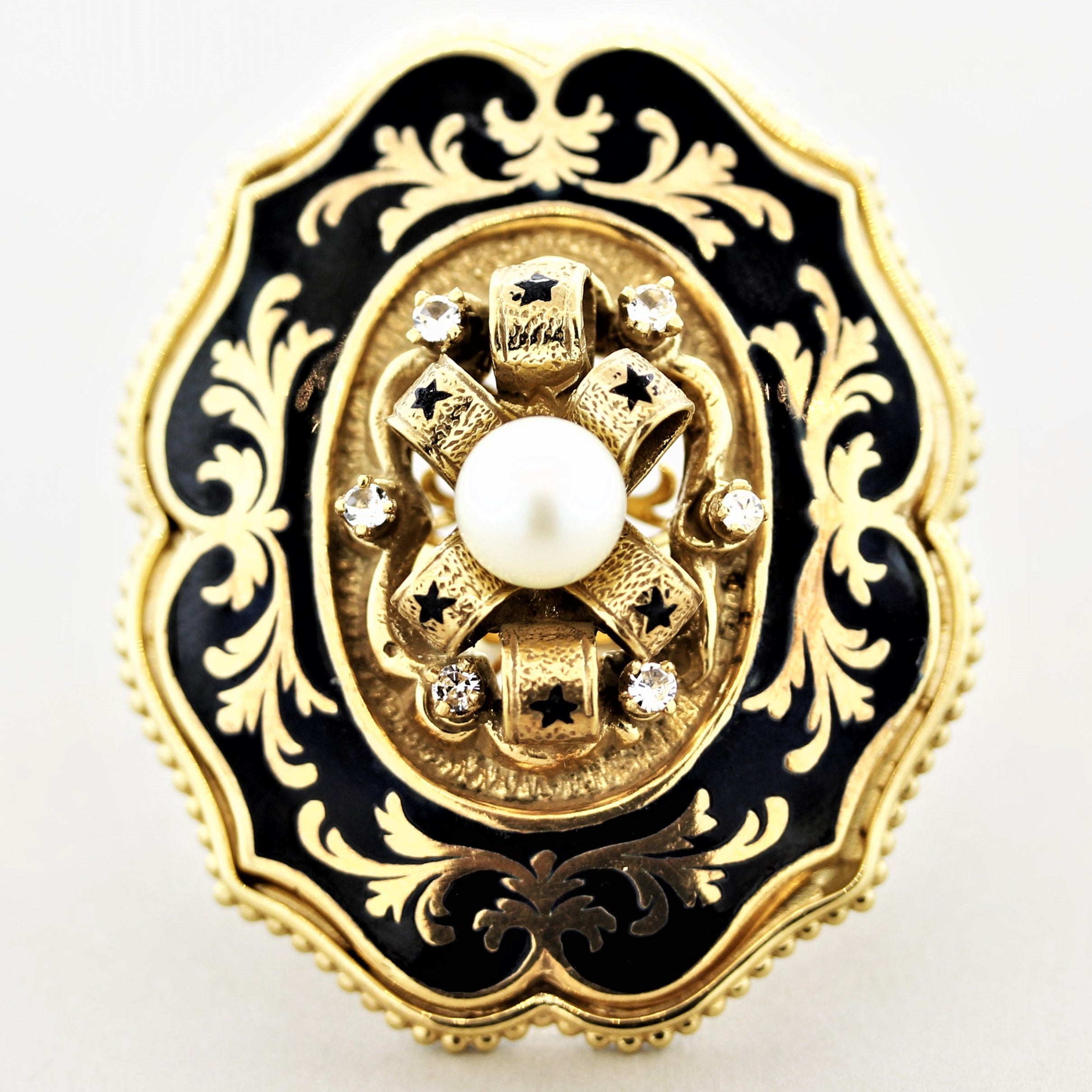 Victorian Antique-Style Diamond Pearl Enamel Gold Cocktail Ring