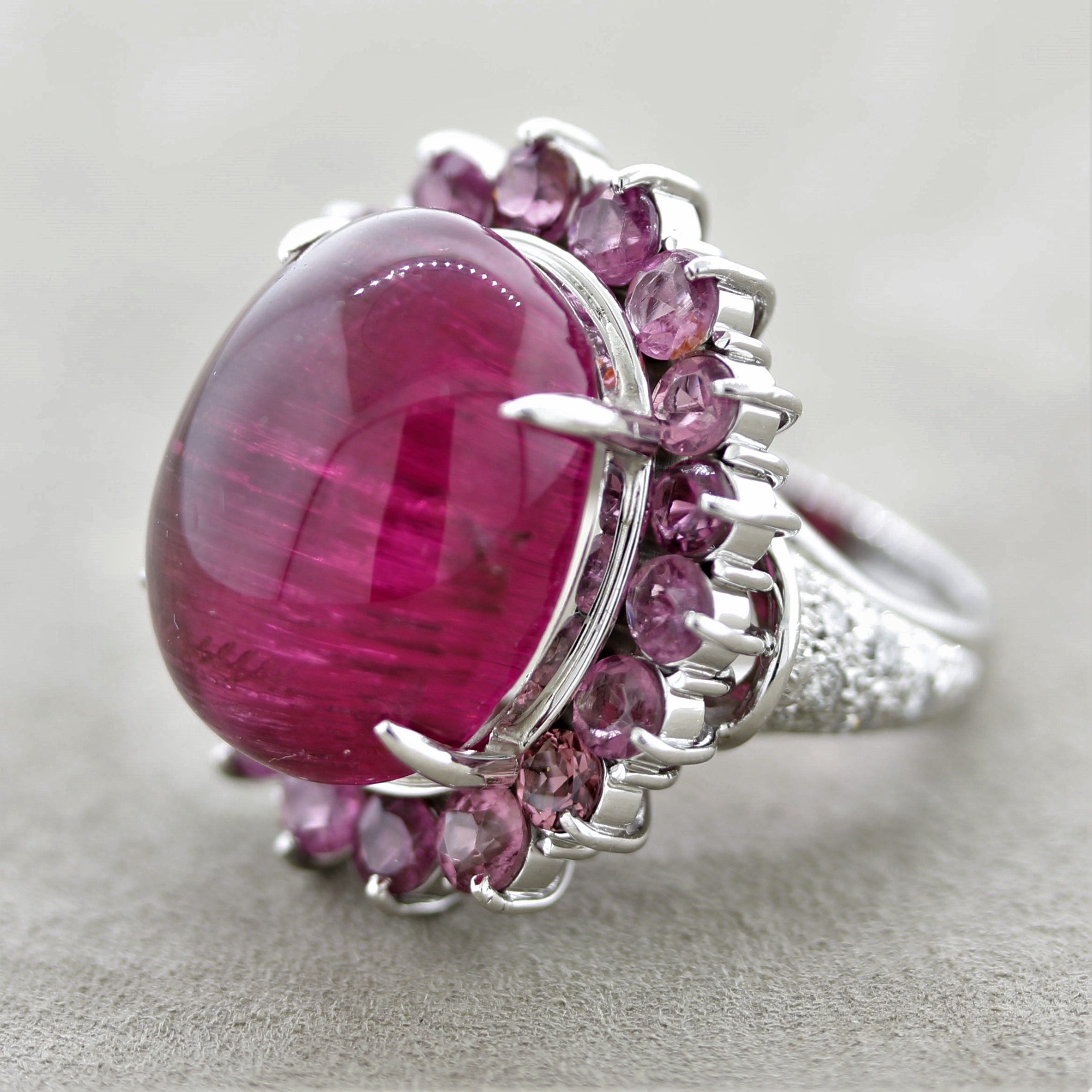 Cats Eye Rubellite Tourmaline Diamond Platinum Cocktail Ring