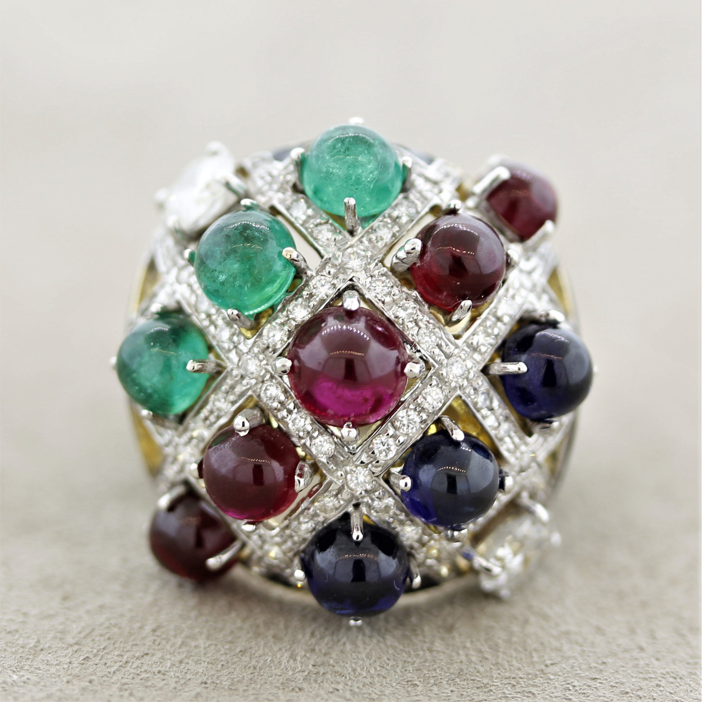 Tutti Frutti Ruby Emerald Sapphire Diamond Gold Cocktail Ring