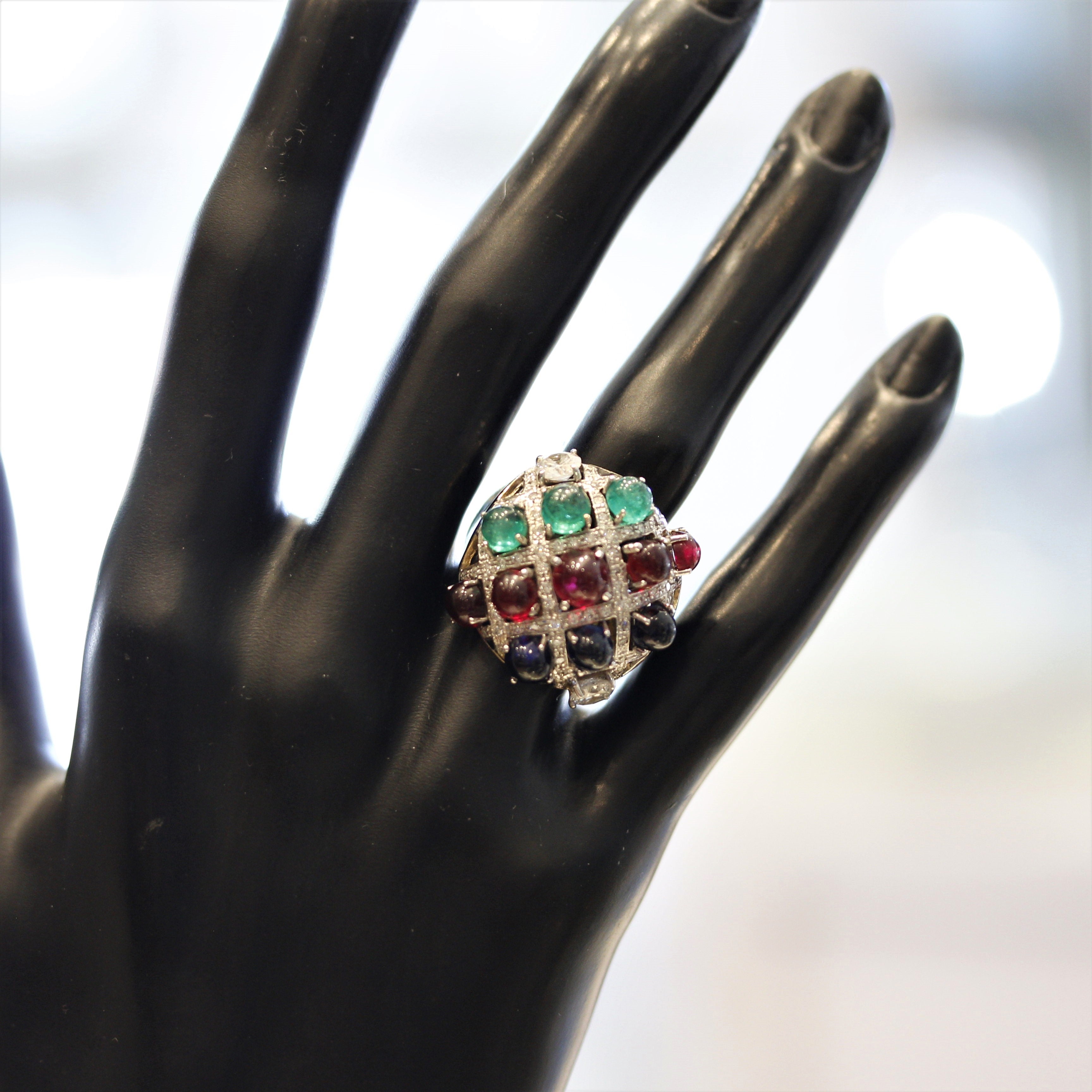 Tutti Frutti Ruby Emerald Sapphire Diamond Gold Cocktail Ring