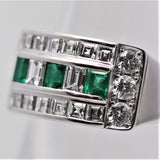 Wide Diamond Emerald Platinum Band Ring