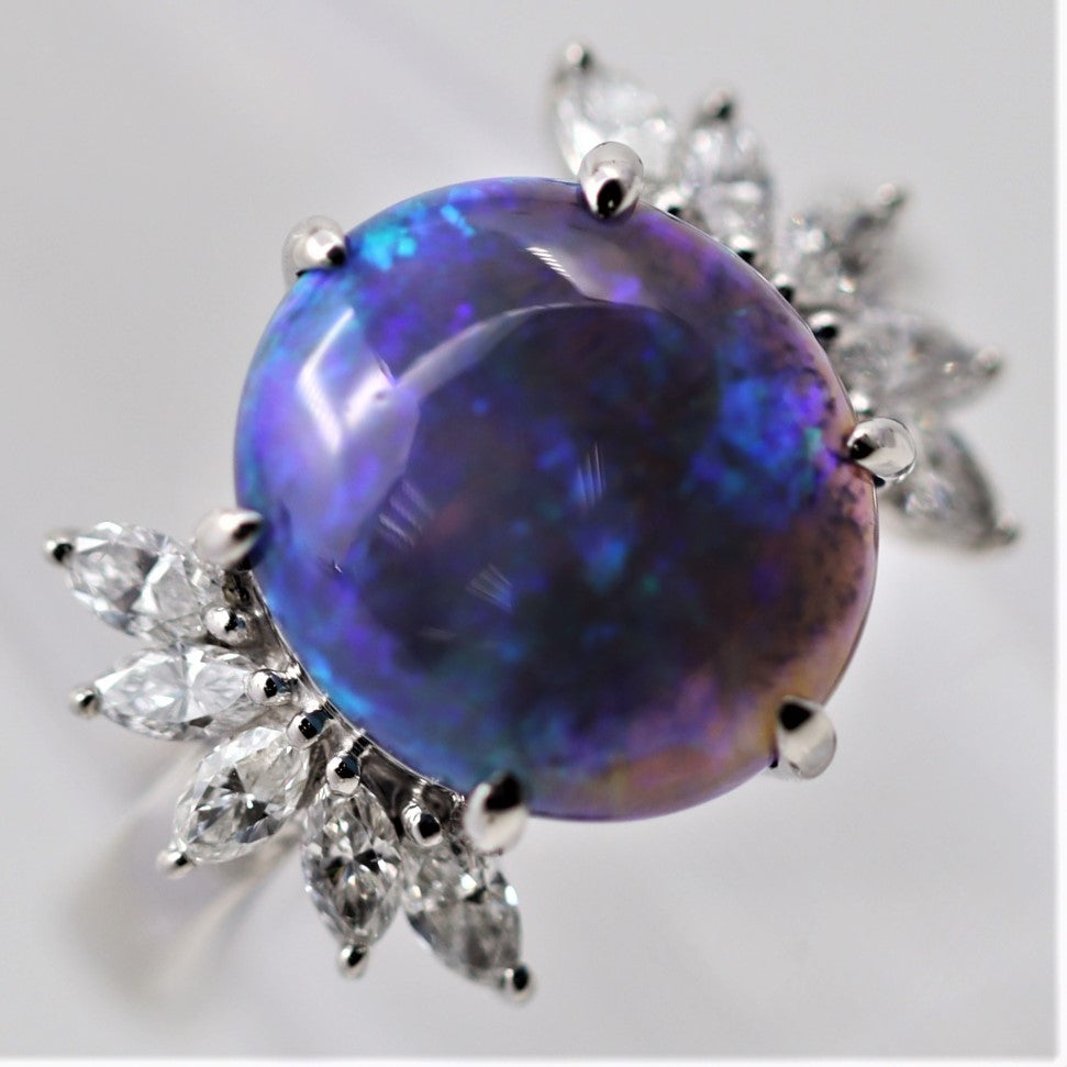 Australian Black Crystal Opal Diamond Platinum Ring