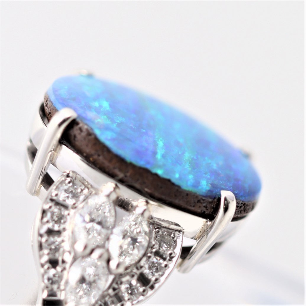 Fine Australian Boulder Opal Diamond Platinum Ring