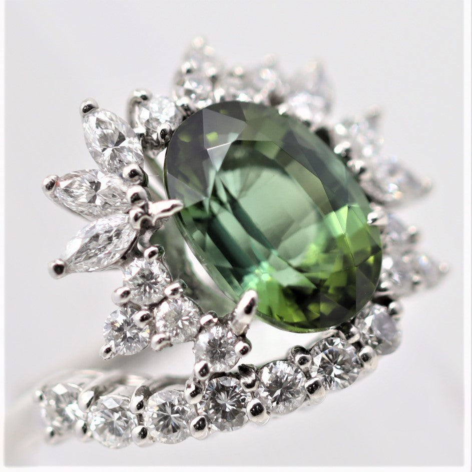 Green Tourmaline Diamond Sunburst Platinum Ring