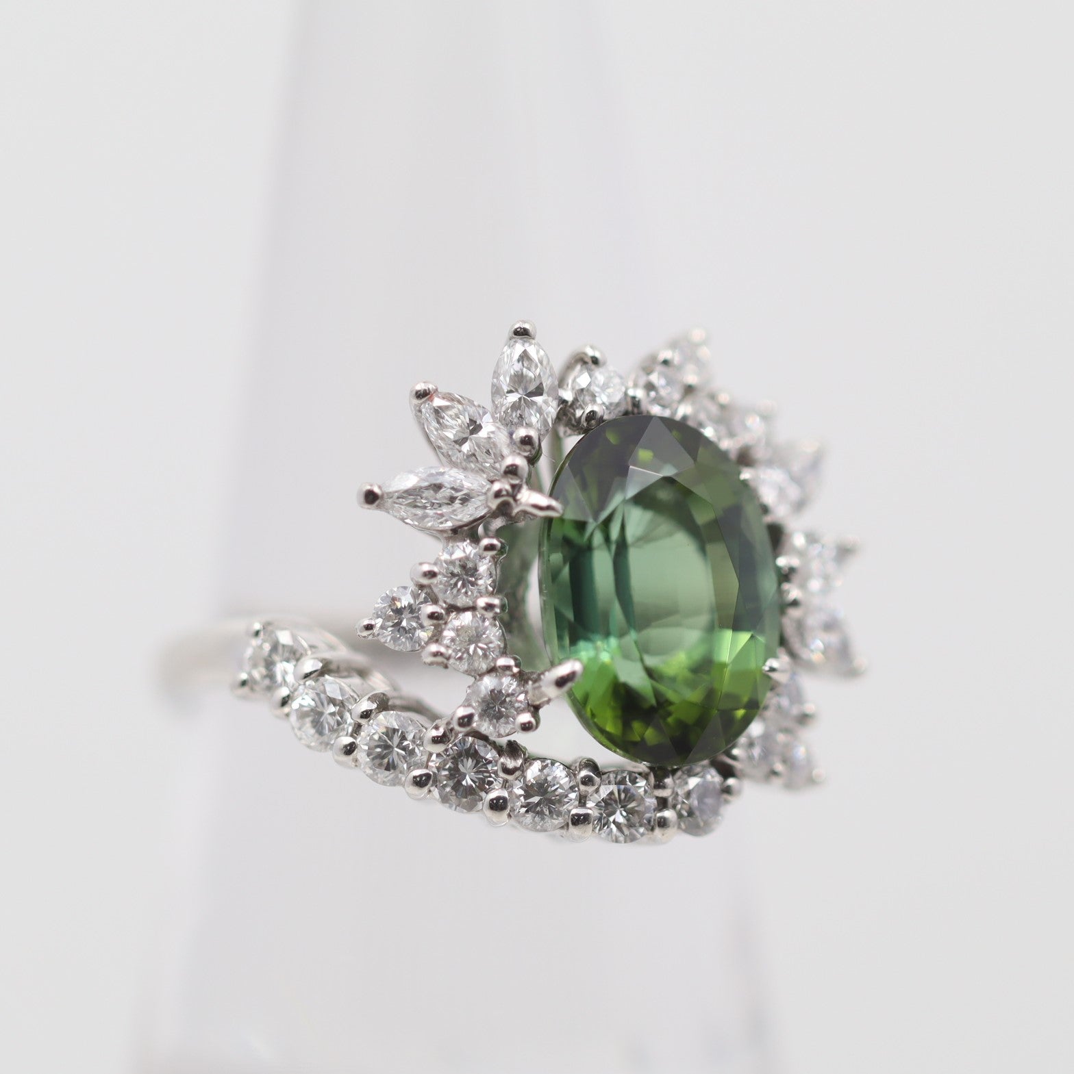 Green Tourmaline Diamond Sunburst Platinum Ring