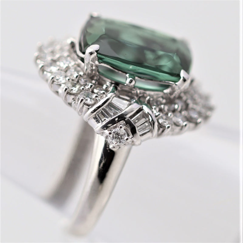 Blue-Green Indicolite Tourmaline Diamond Platinum Cocktail Ring