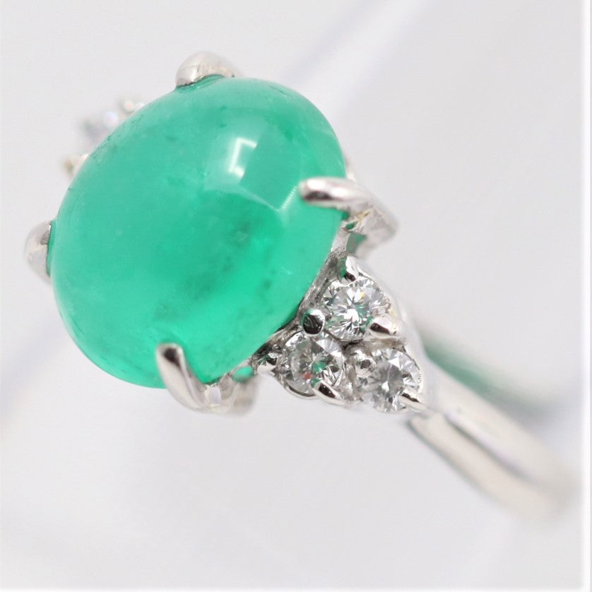 Cabochon Emerald Diamond Platinum Ring