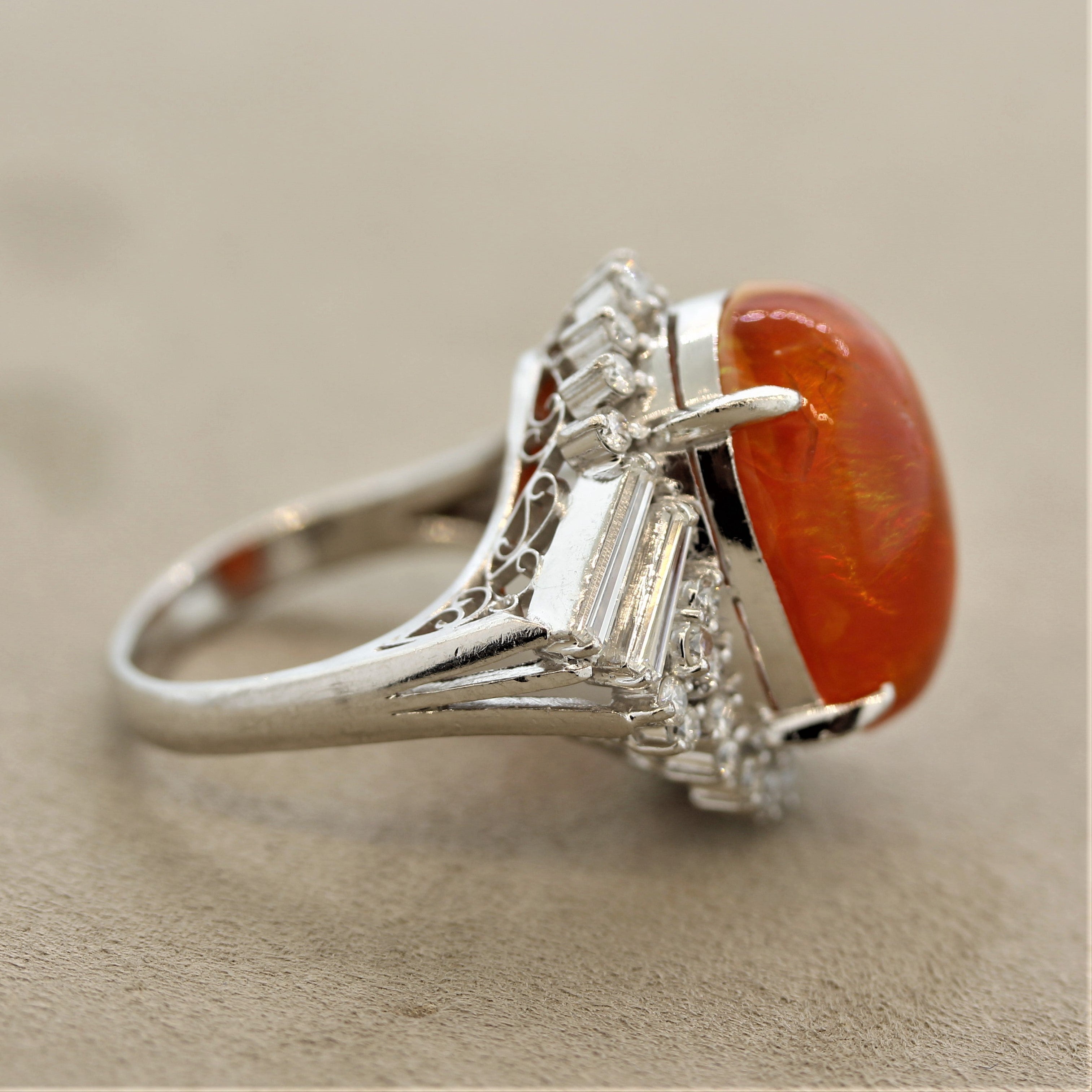 Fine Fire Opal Diamond Platinum Cocktail Ring