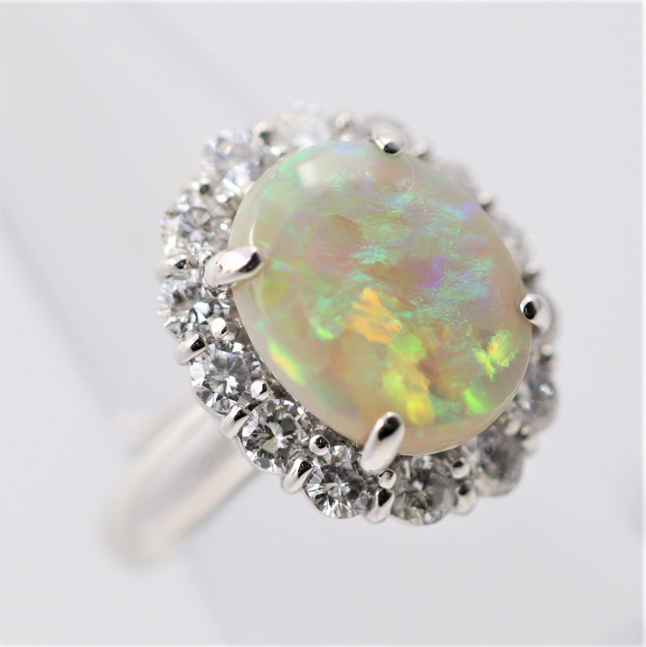 Australian Opal Diamond Halo Platinum Ring